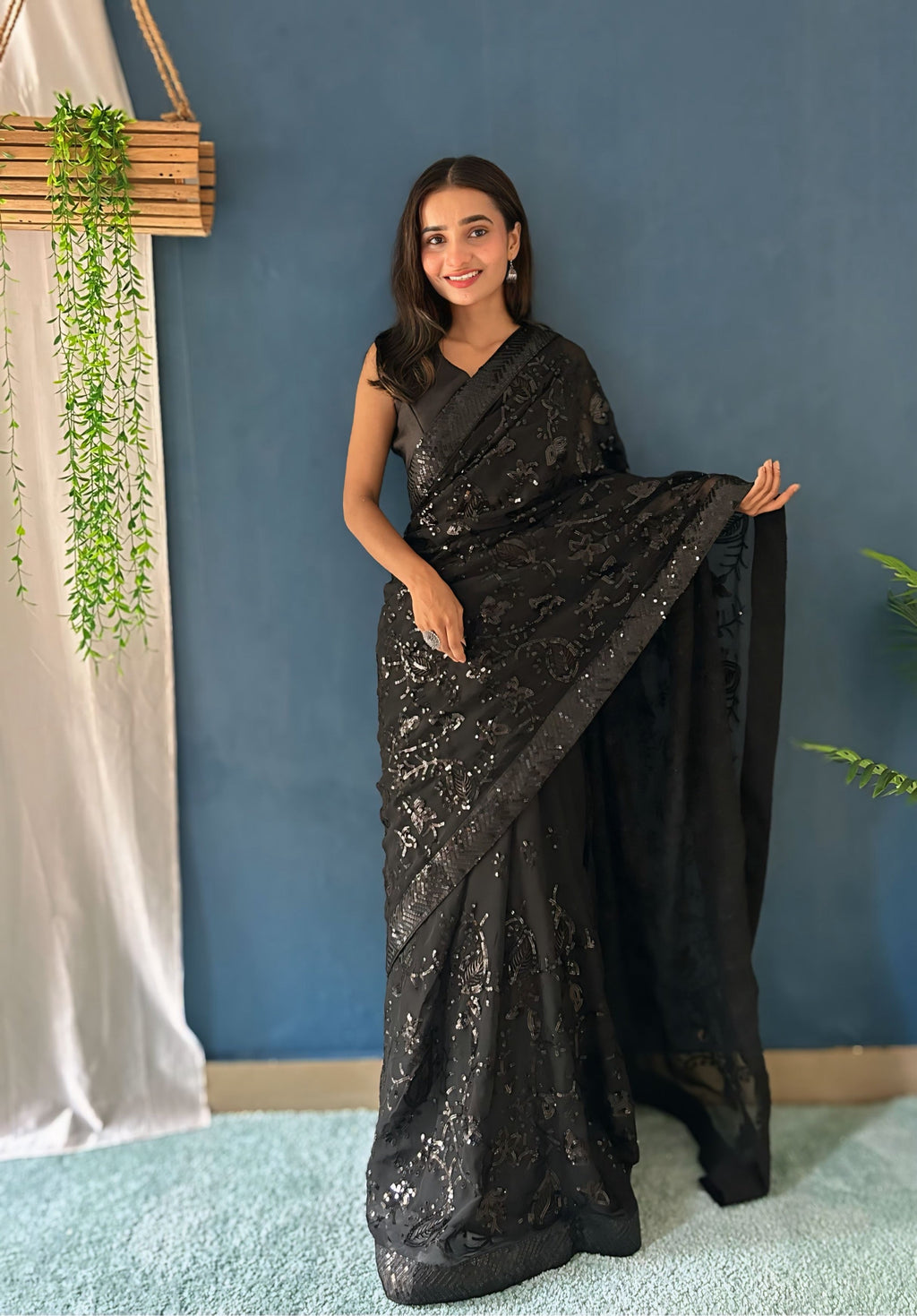 Party Wear Designer Saree With Sequence Embroidery Work