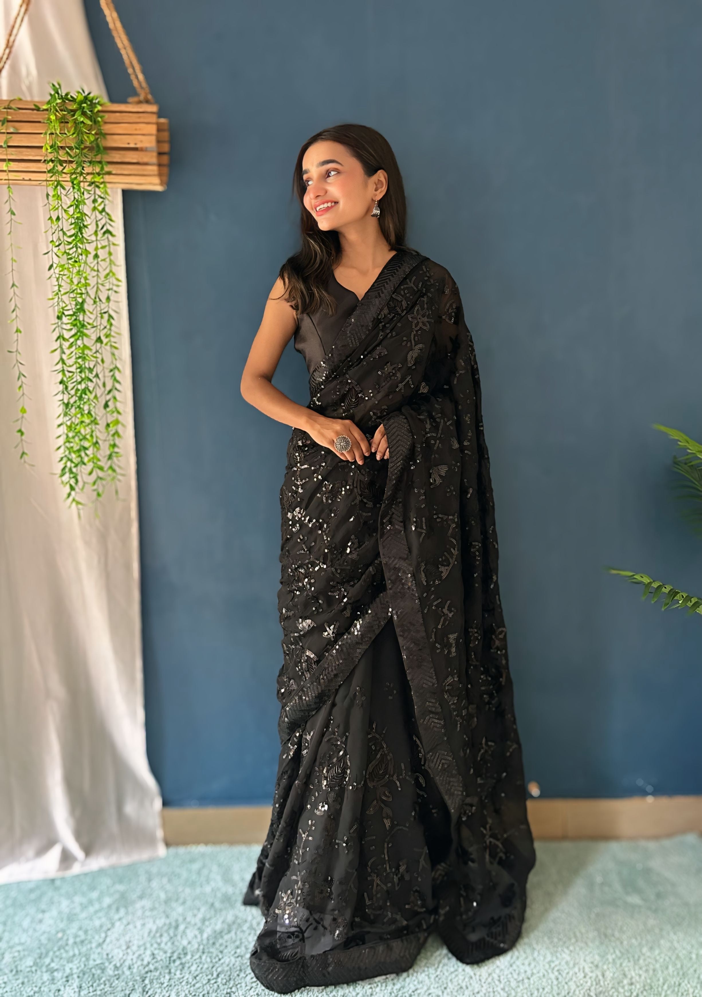 Party Wear Designer Saree With Sequence Embroidery Work