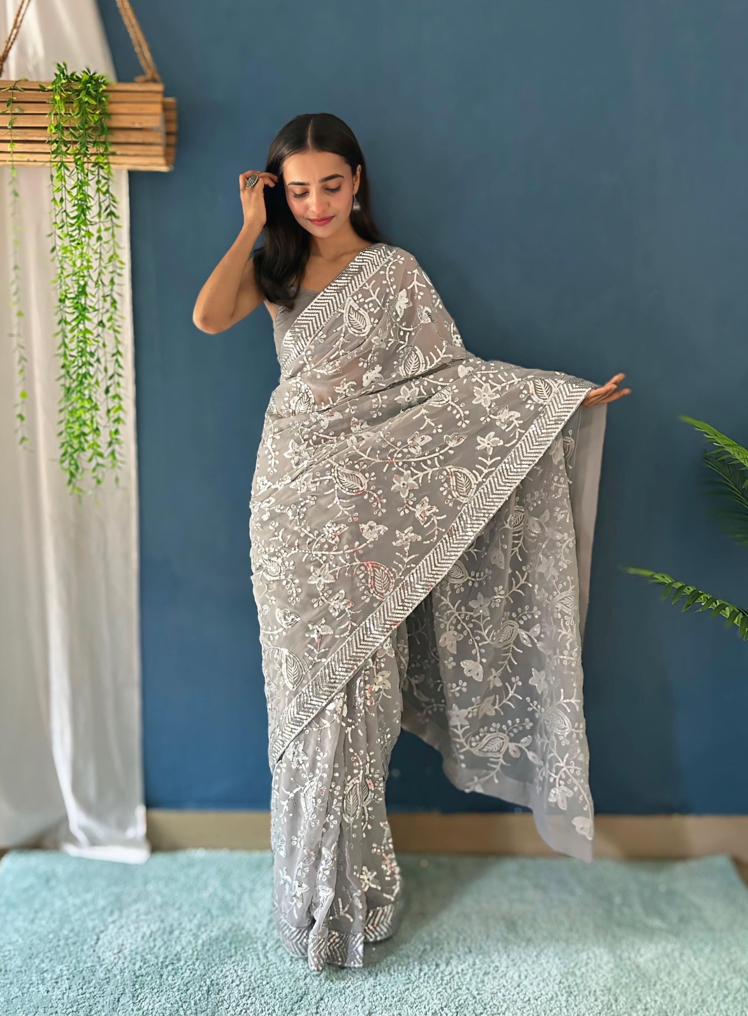 Party Wear Designer Saree With Sequence Embroidery Work