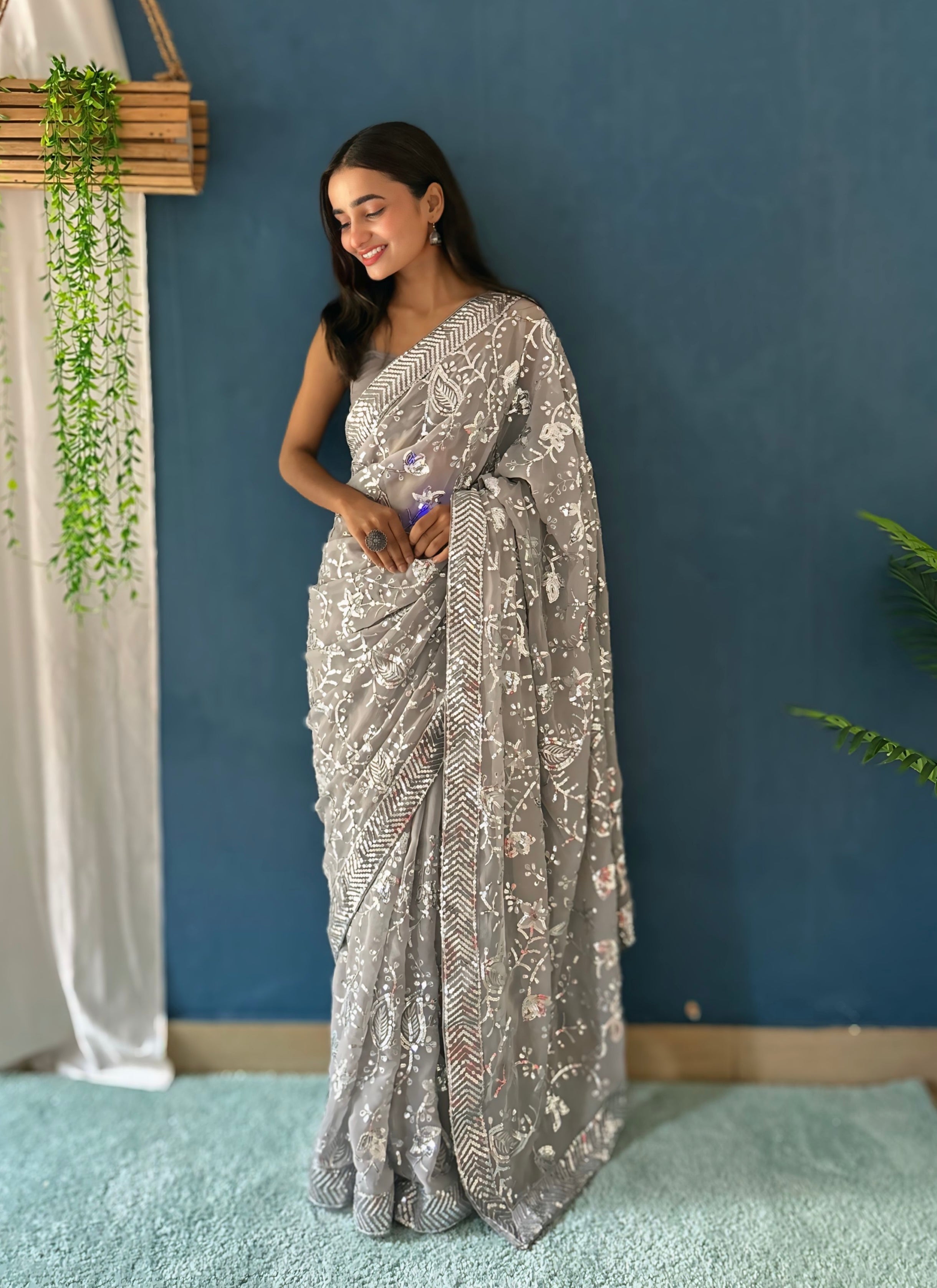 Party Wear Designer Saree With Sequence Embroidery Work