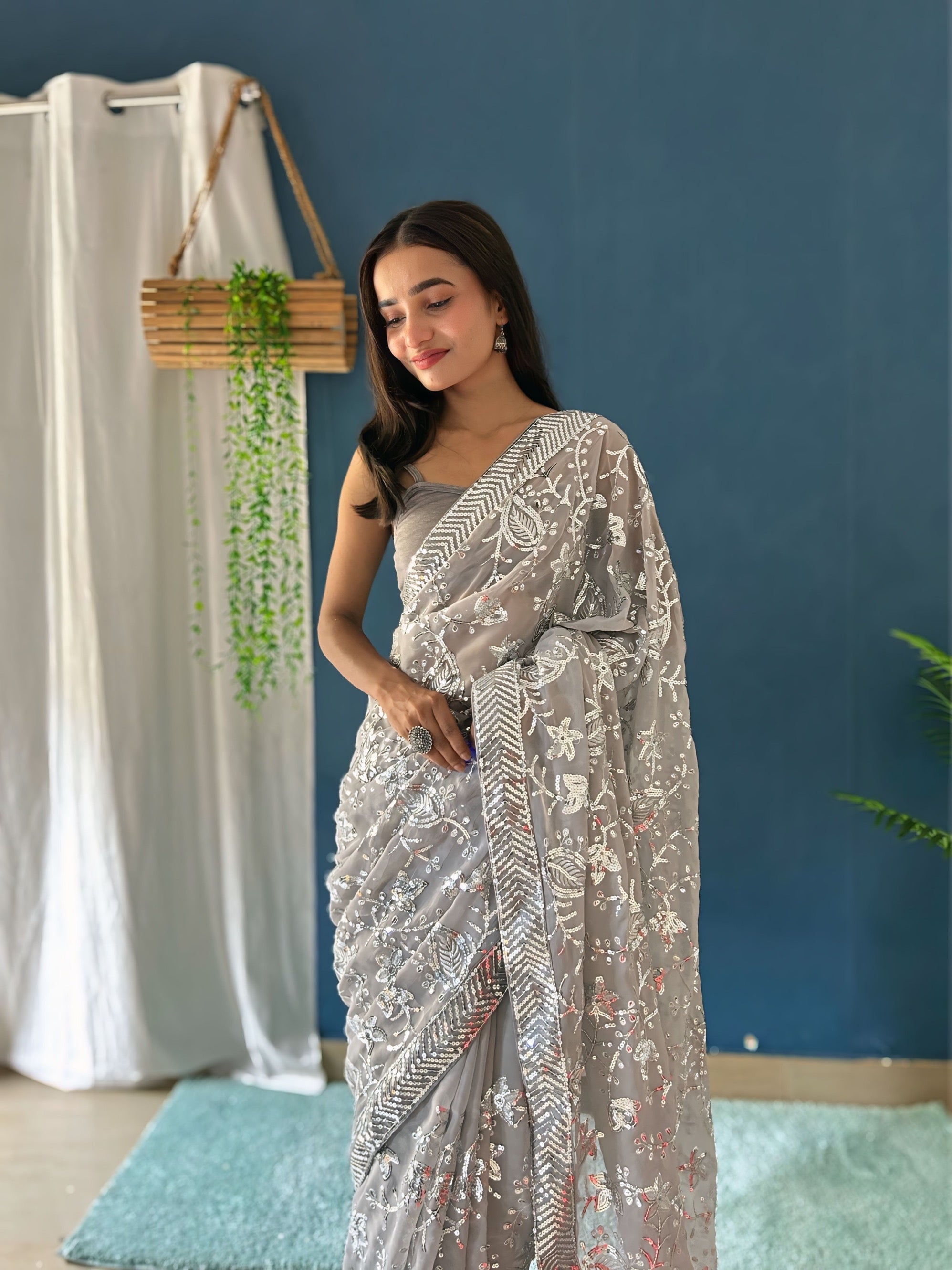 Party Wear Designer Saree With Sequence Embroidery Work