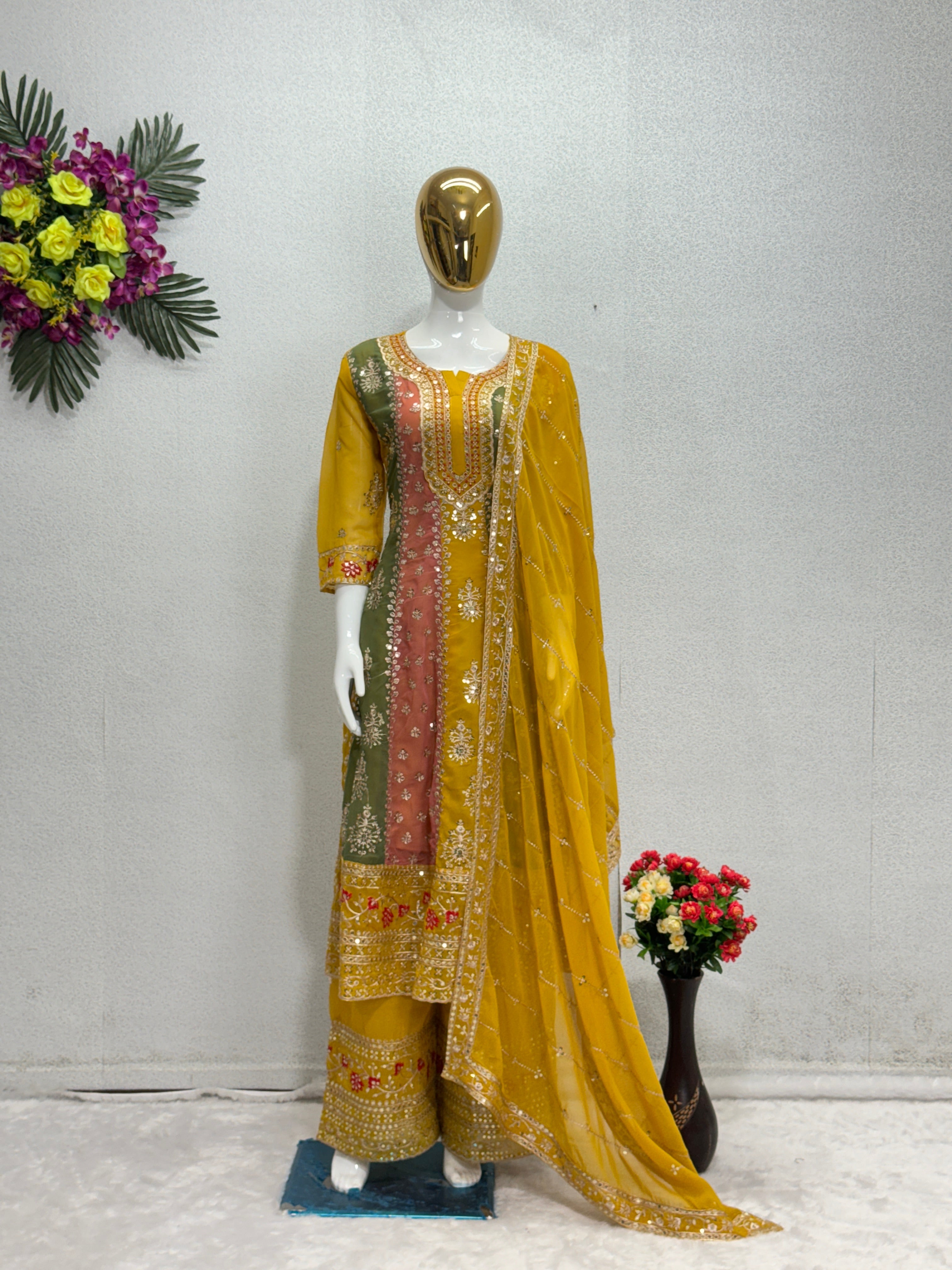 Beautiful Top Bottom And Plazzo With Sequence Work