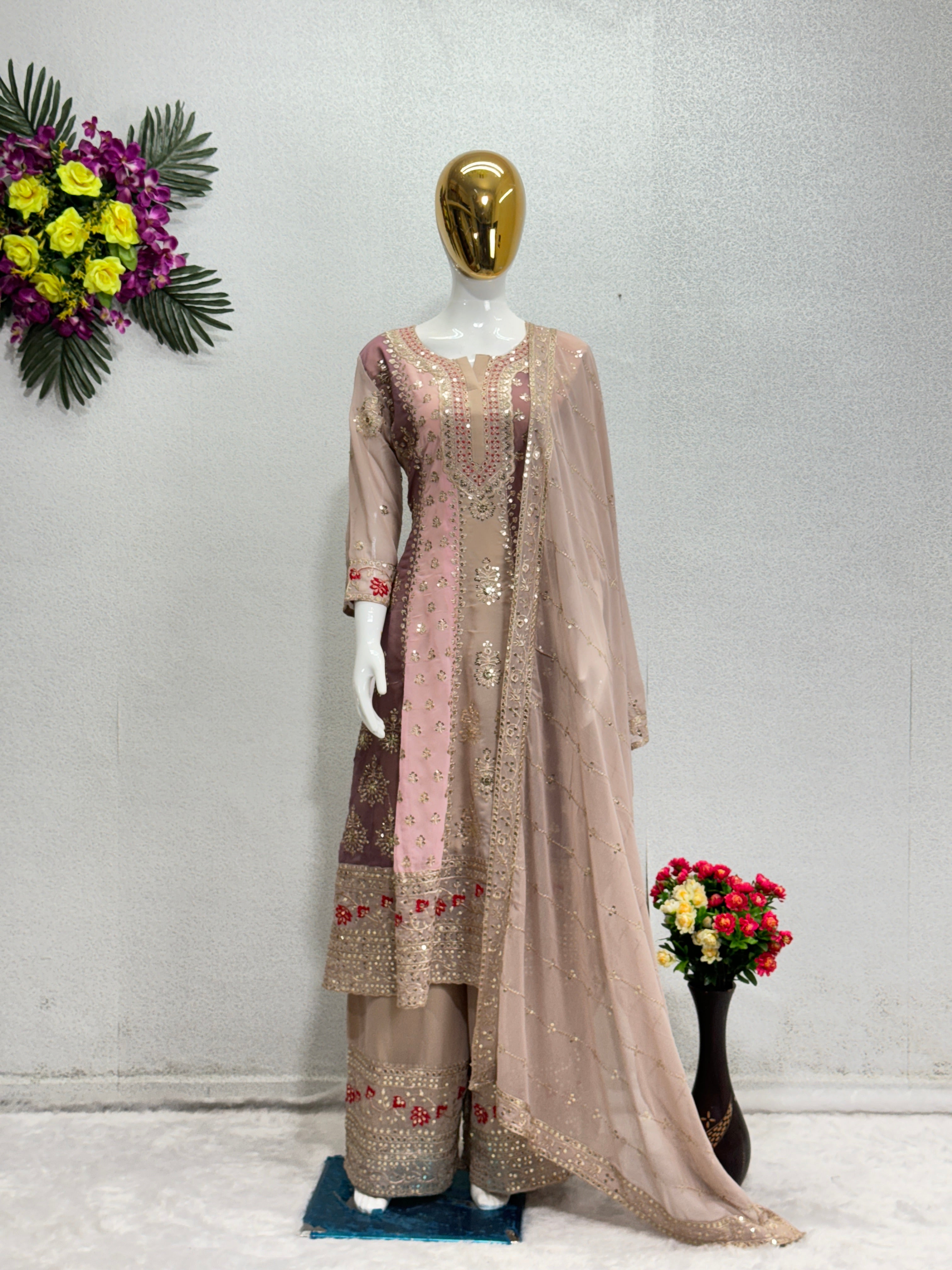 Beautiful Top Bottom And Plazzo With Sequence Work