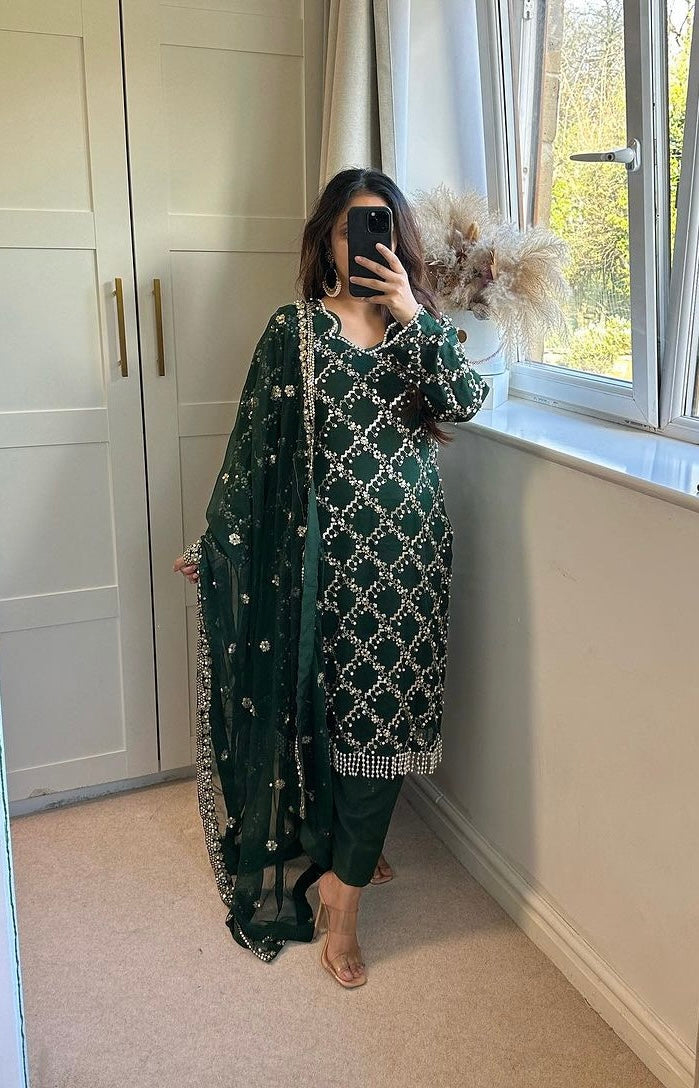 Designer Long Top , Pant and Dupatta In Fancy Style