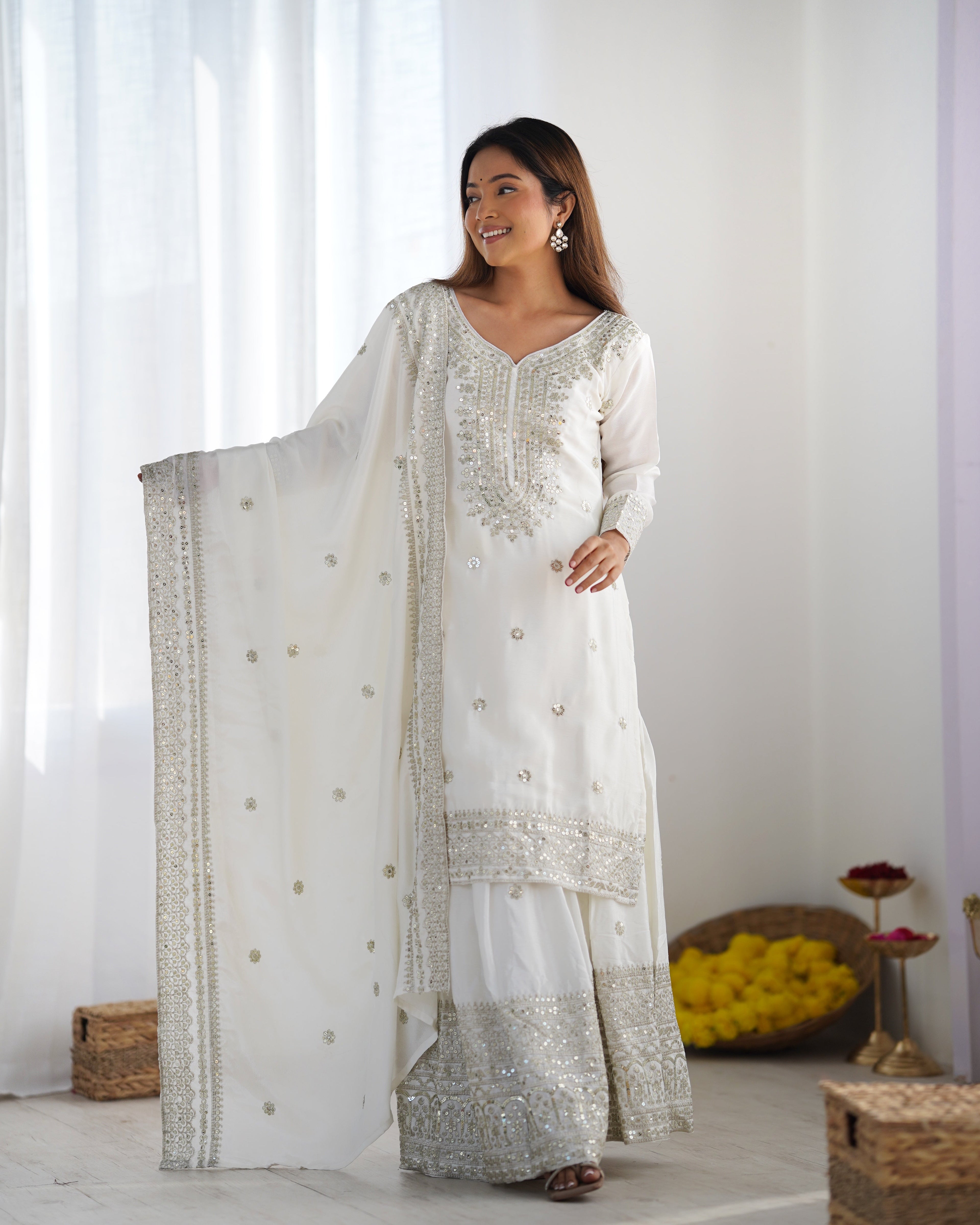Beautiful Top-Plazo And Dupatta With Heavy Embroidery Sequence Work