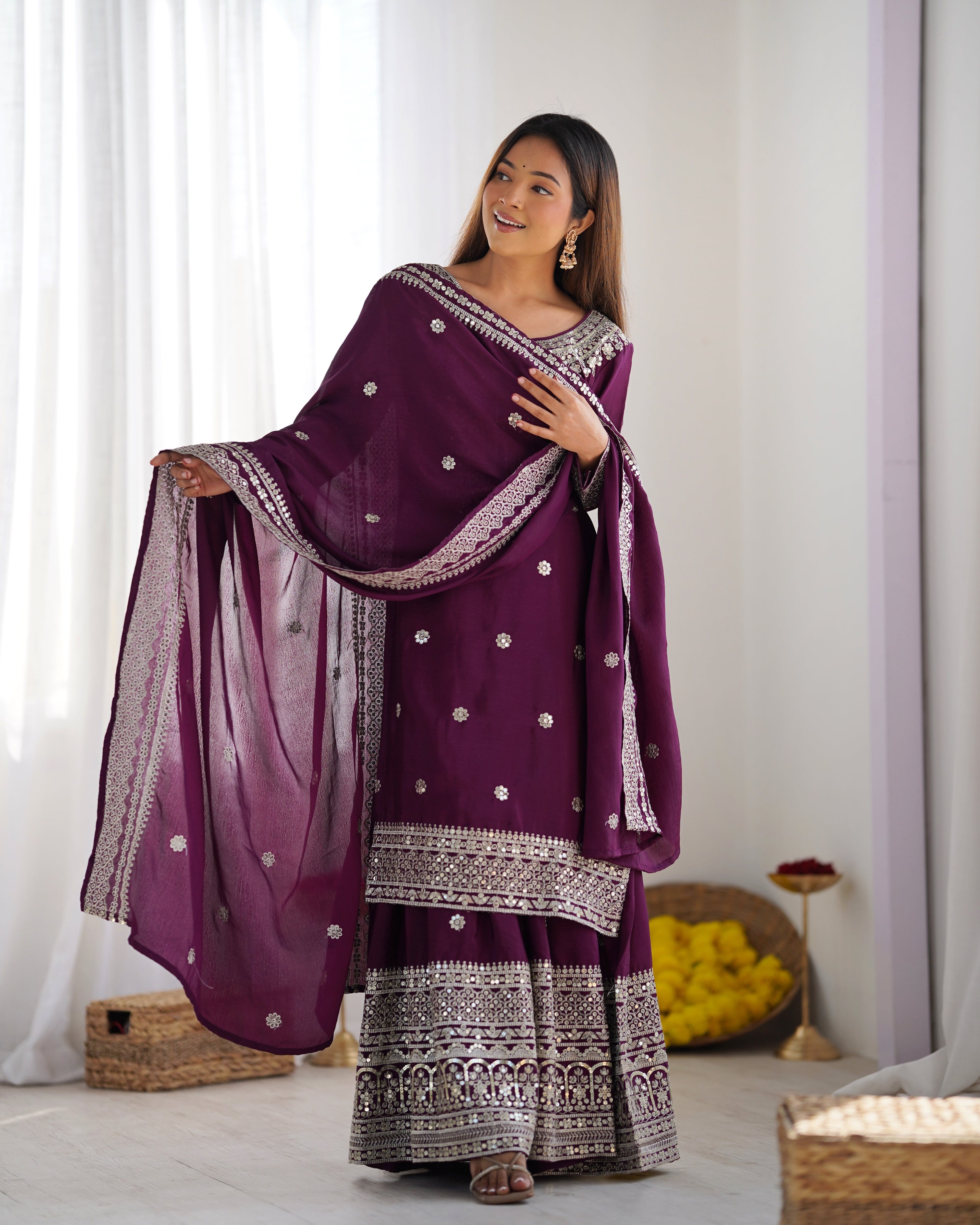 Beautiful Top-Plazo And Dupatta With Heavy Embroidery Sequence Work
