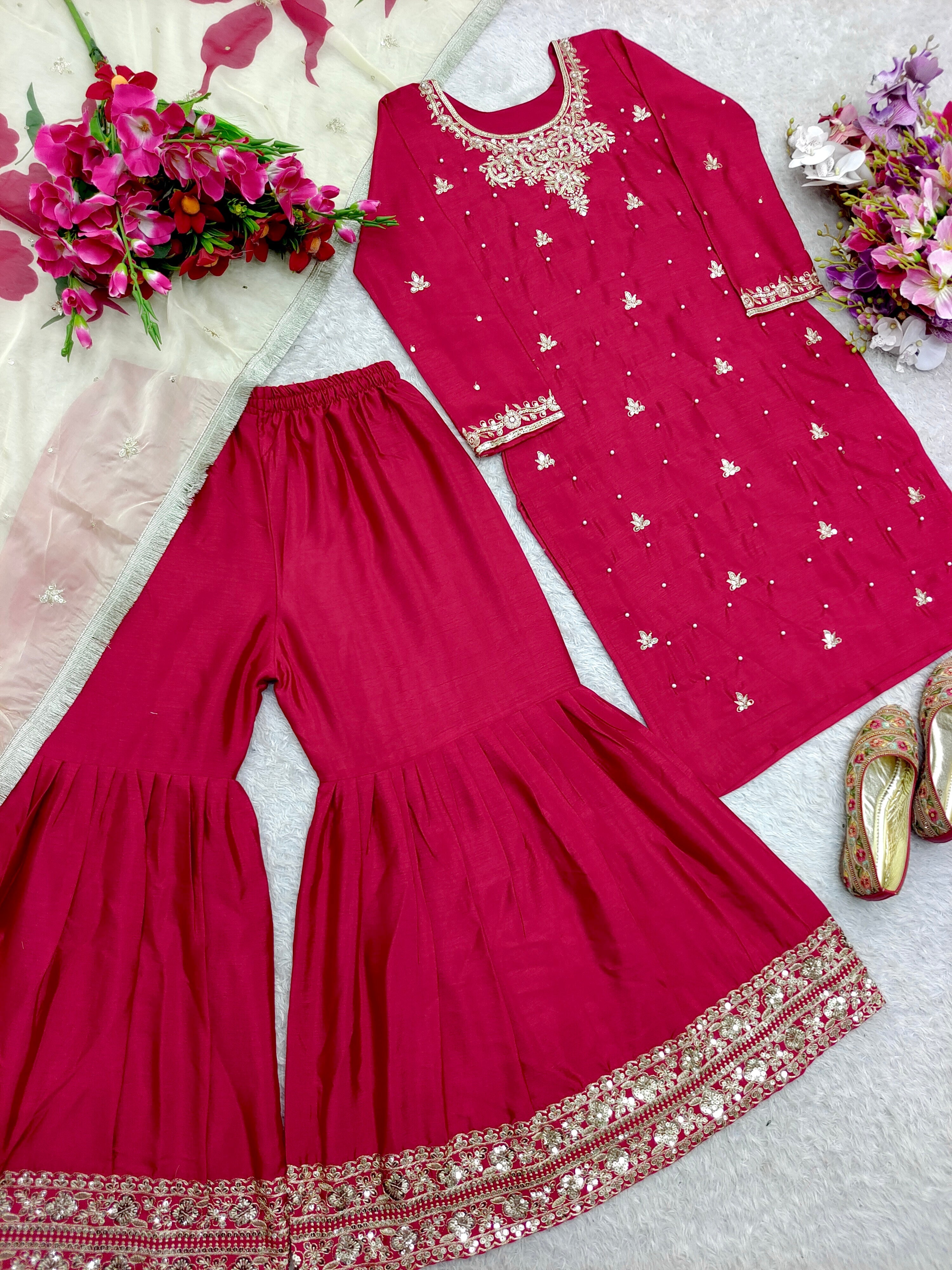 Beautiful Party Wear Top-Sarara And Dupatta With Moti Work