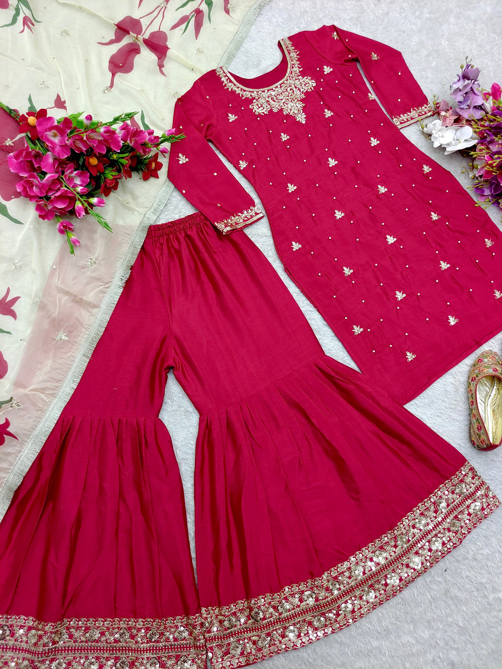 Beautiful Party Wear Top-Sarara And Dupatta With Moti Work