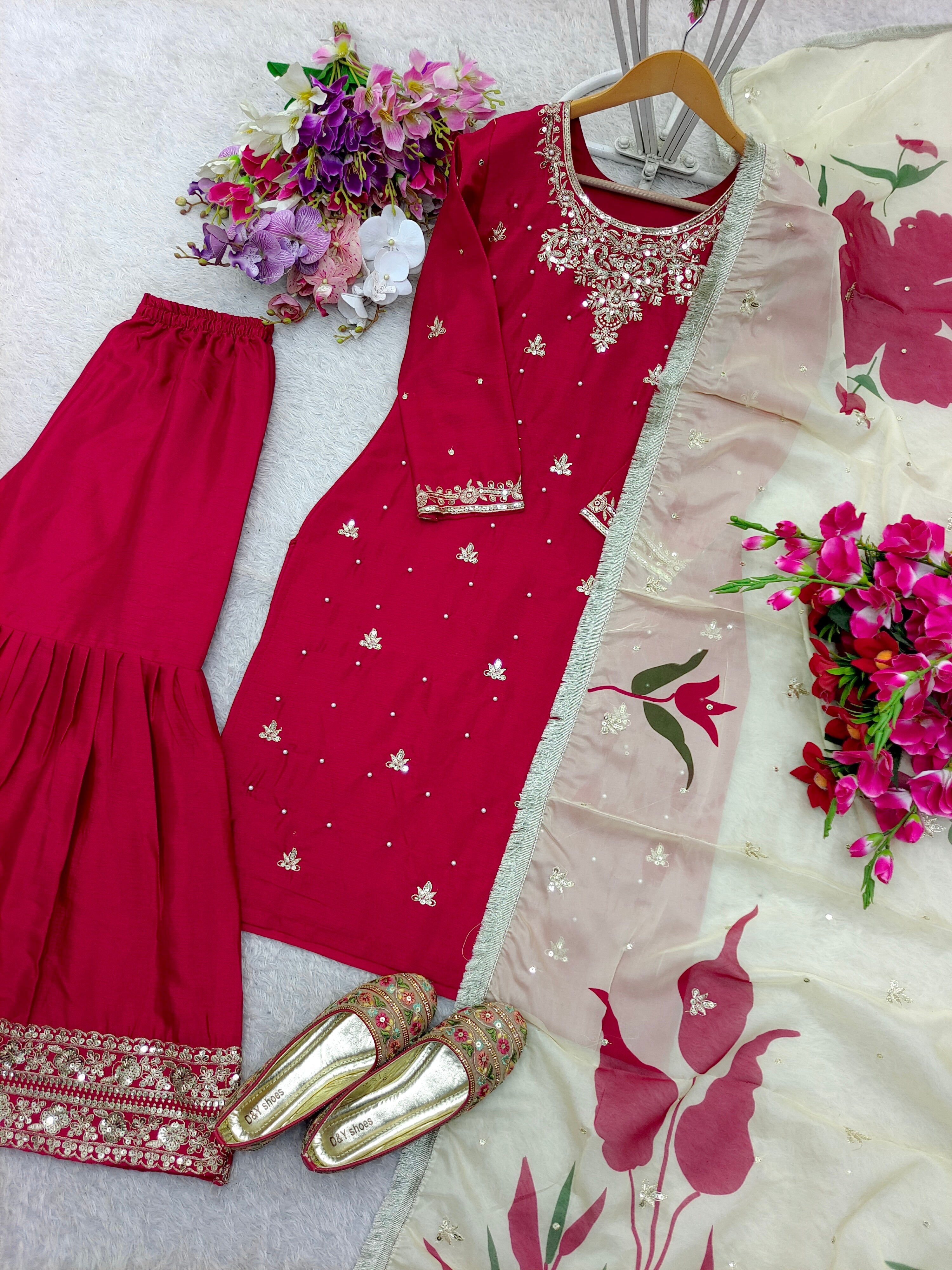 Beautiful Party Wear Top-Sarara And Dupatta With Moti Work