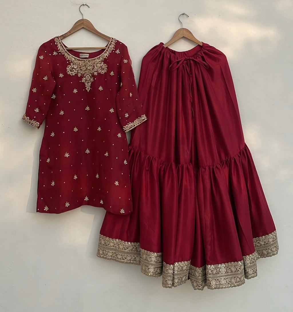 Beautiful Party Wear Top-Sarara And Dupatta With Moti Work