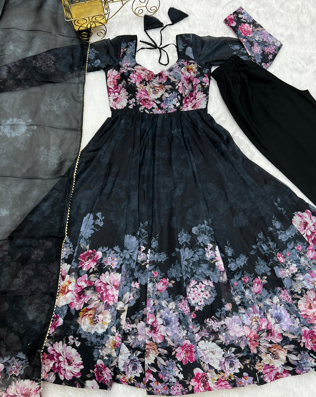 Party Wear Anarkali Gown And Pent With Dupatta With Floral Print