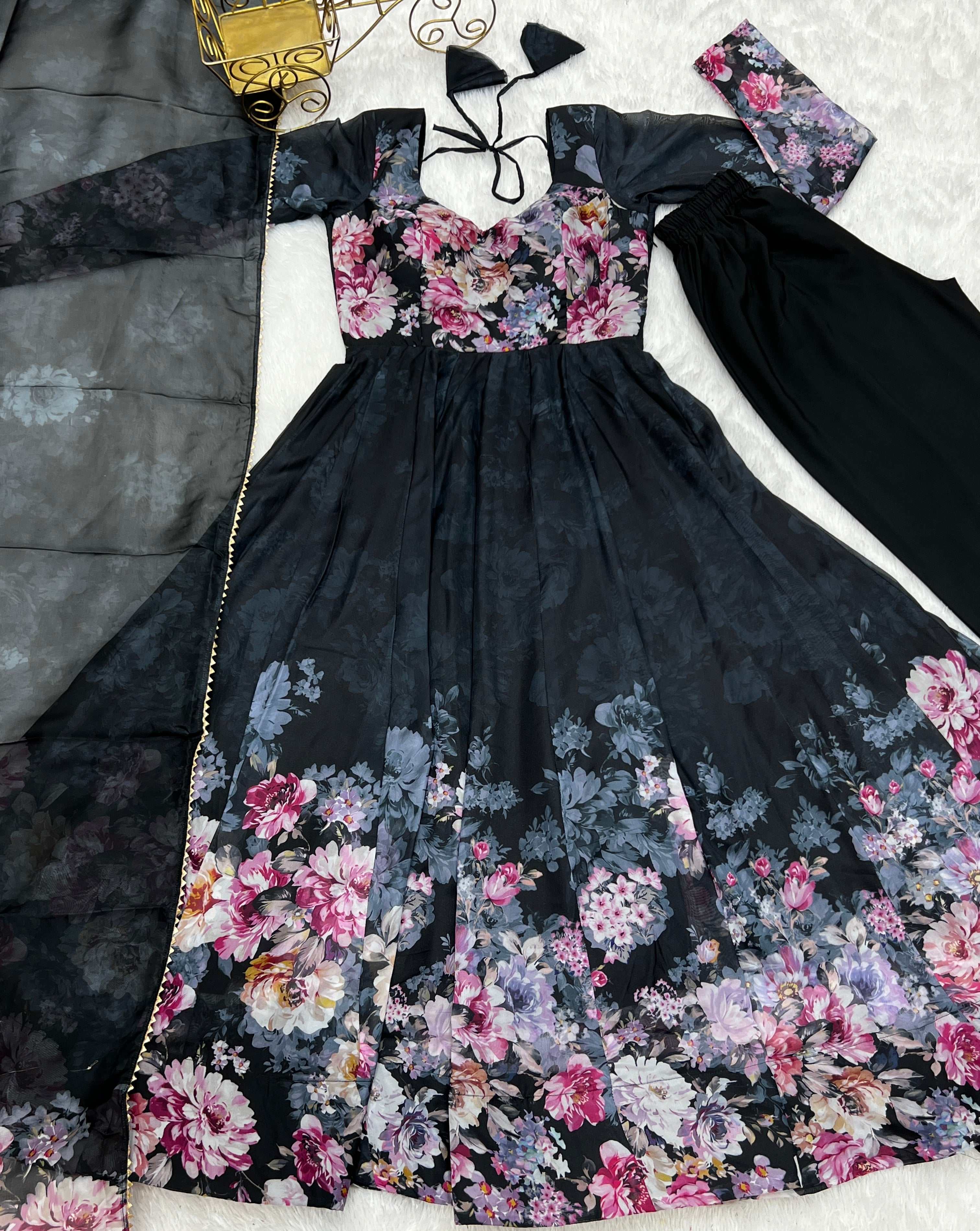 Party Wear Anarkali Gown And Pent With Dupatta With Floral Print