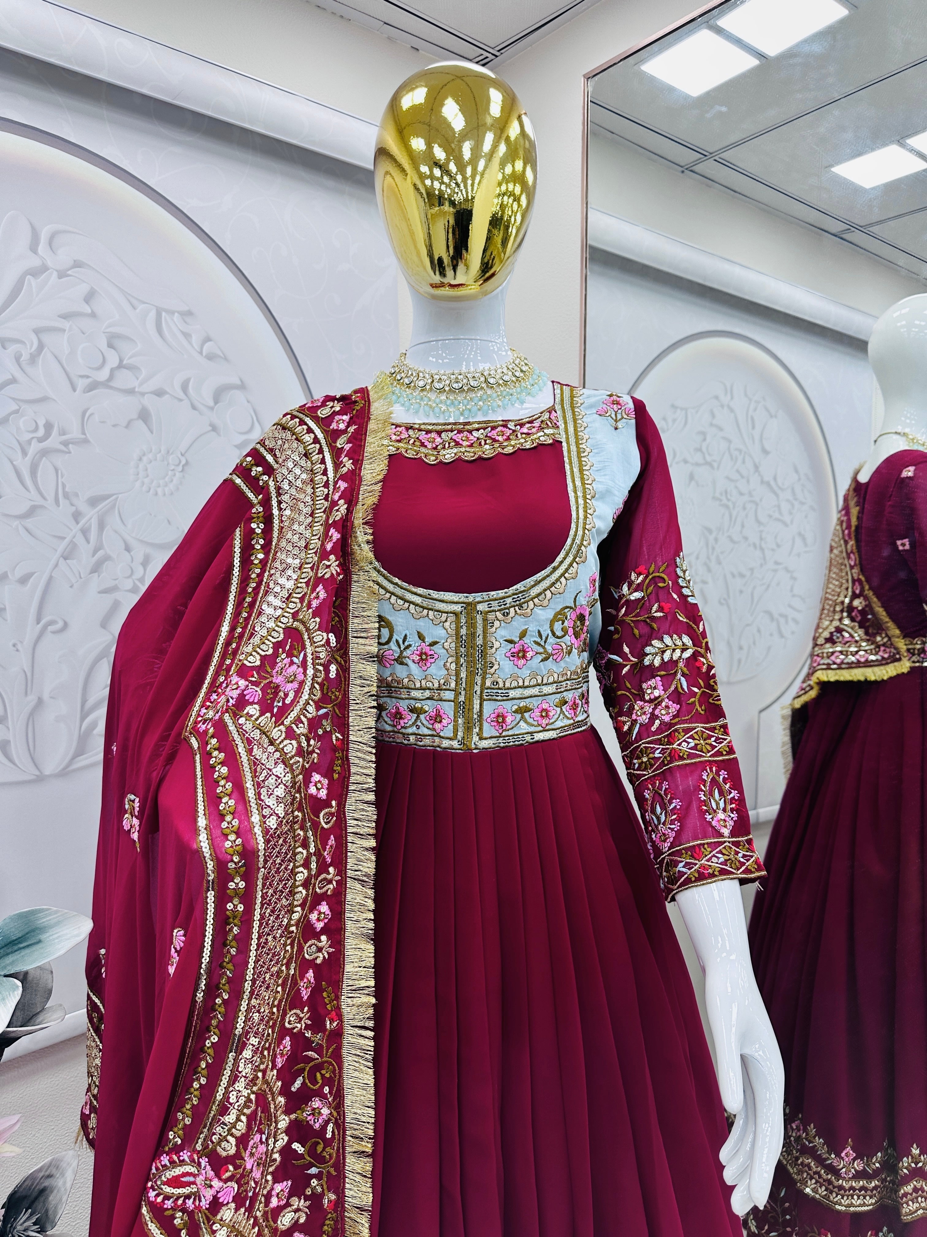 Designer Party Wear Gown With Embroidery Threads And Sequins Work