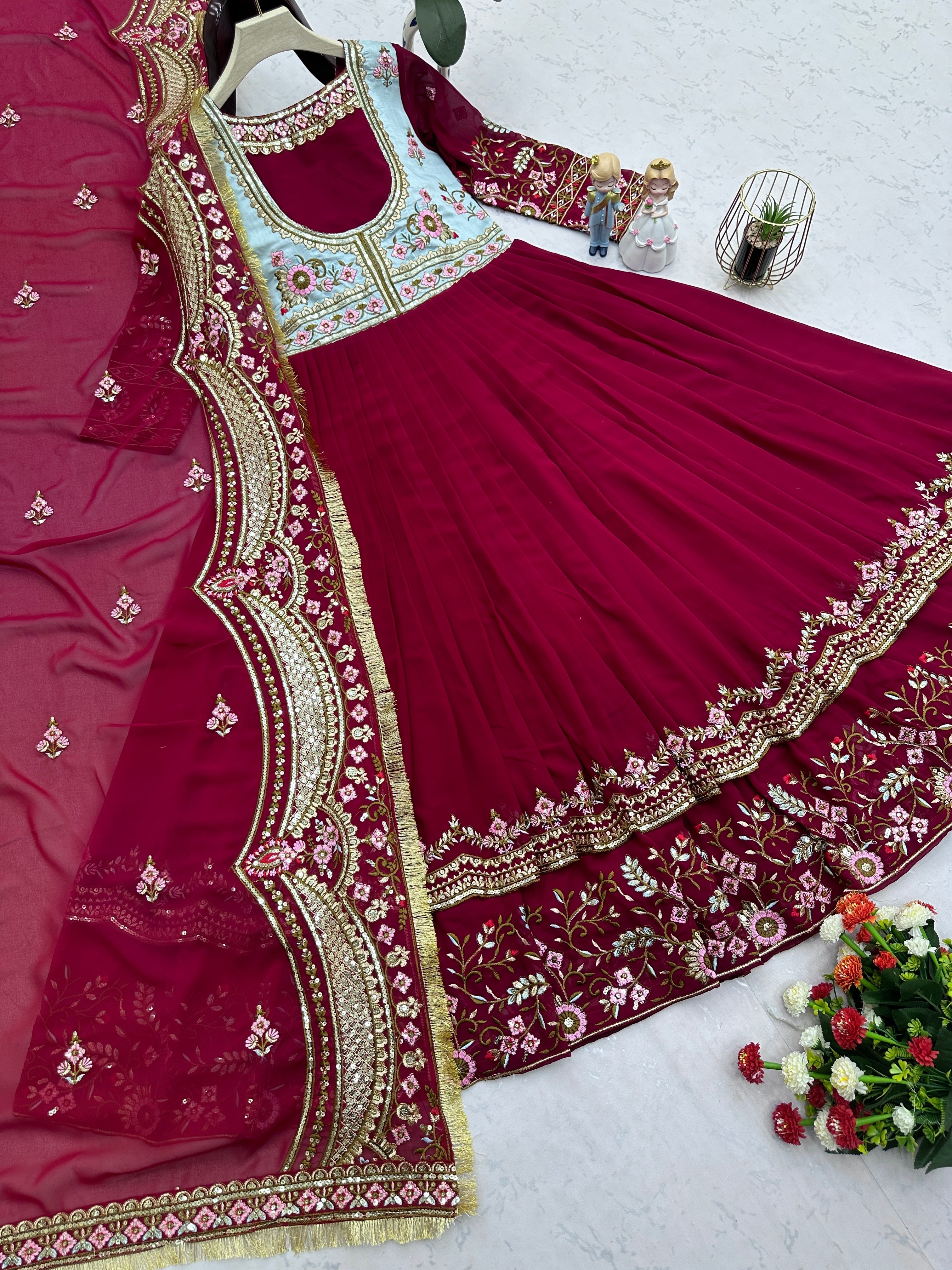 Designer Party Wear Gown With Embroidery Threads And Sequins Work