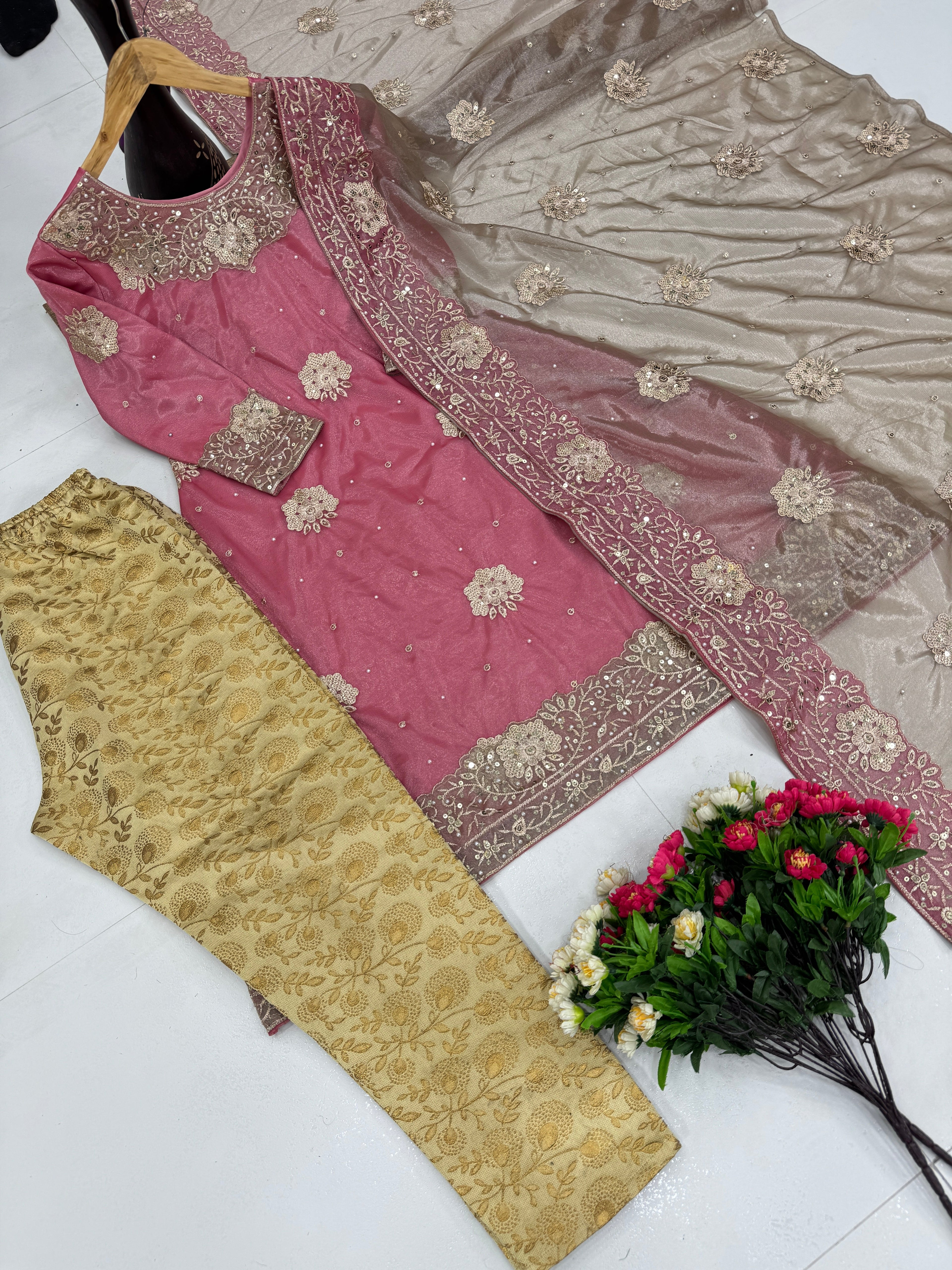 Designer Party Wear Gown Pent And Dupatta With Pearl Hand Work