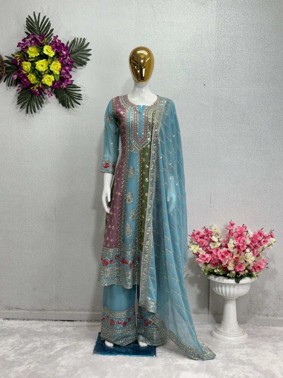 Beautiful Top Bottom And Plazzo With Sequence Work