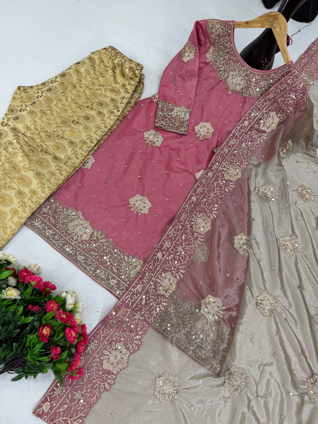 Designer Party Wear Gown Pent And Dupatta With Pearl Hand Work