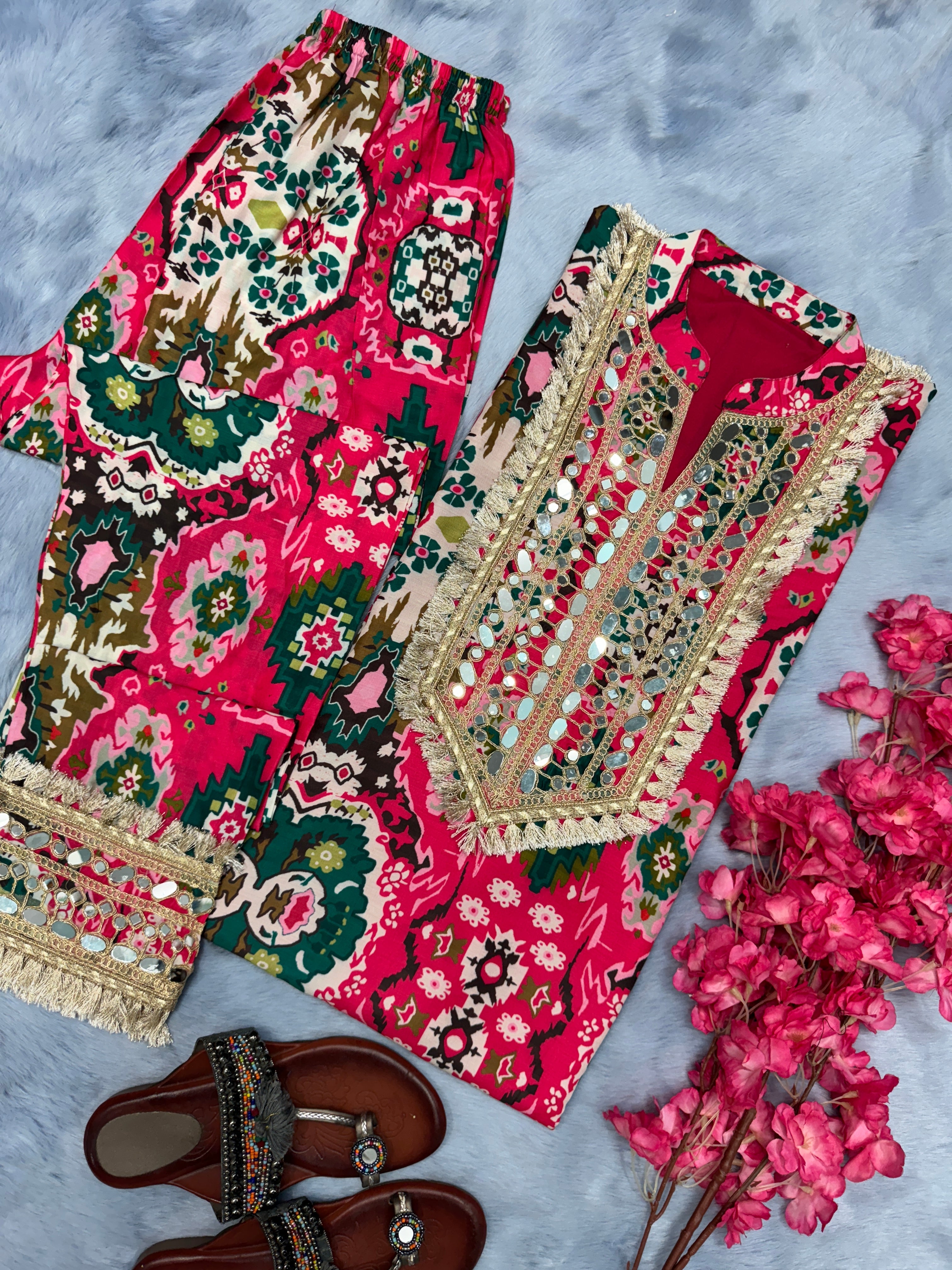Party Wear Look Maslin Printed Top & Bottom Set