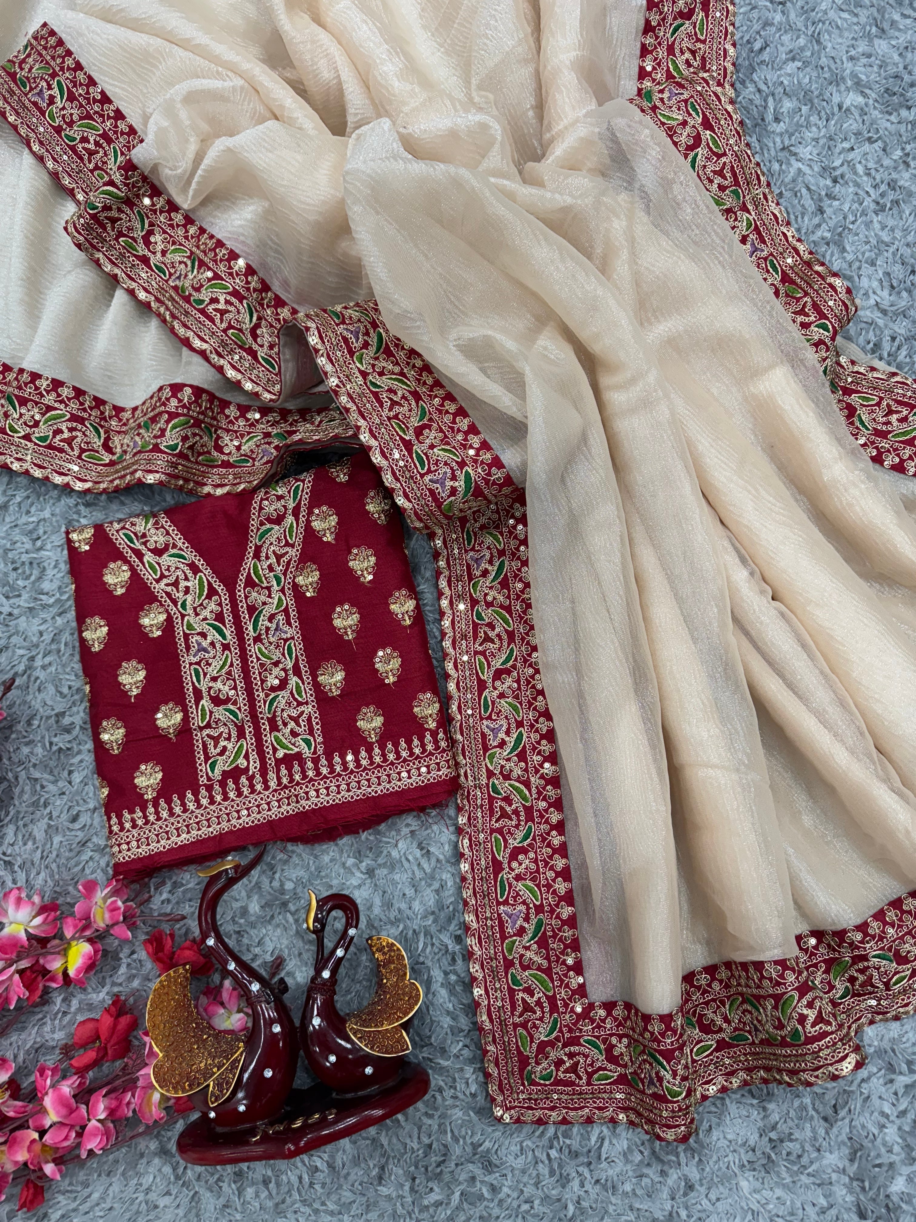 Designer Party Wear Saree With Embroidery Work Lace Border