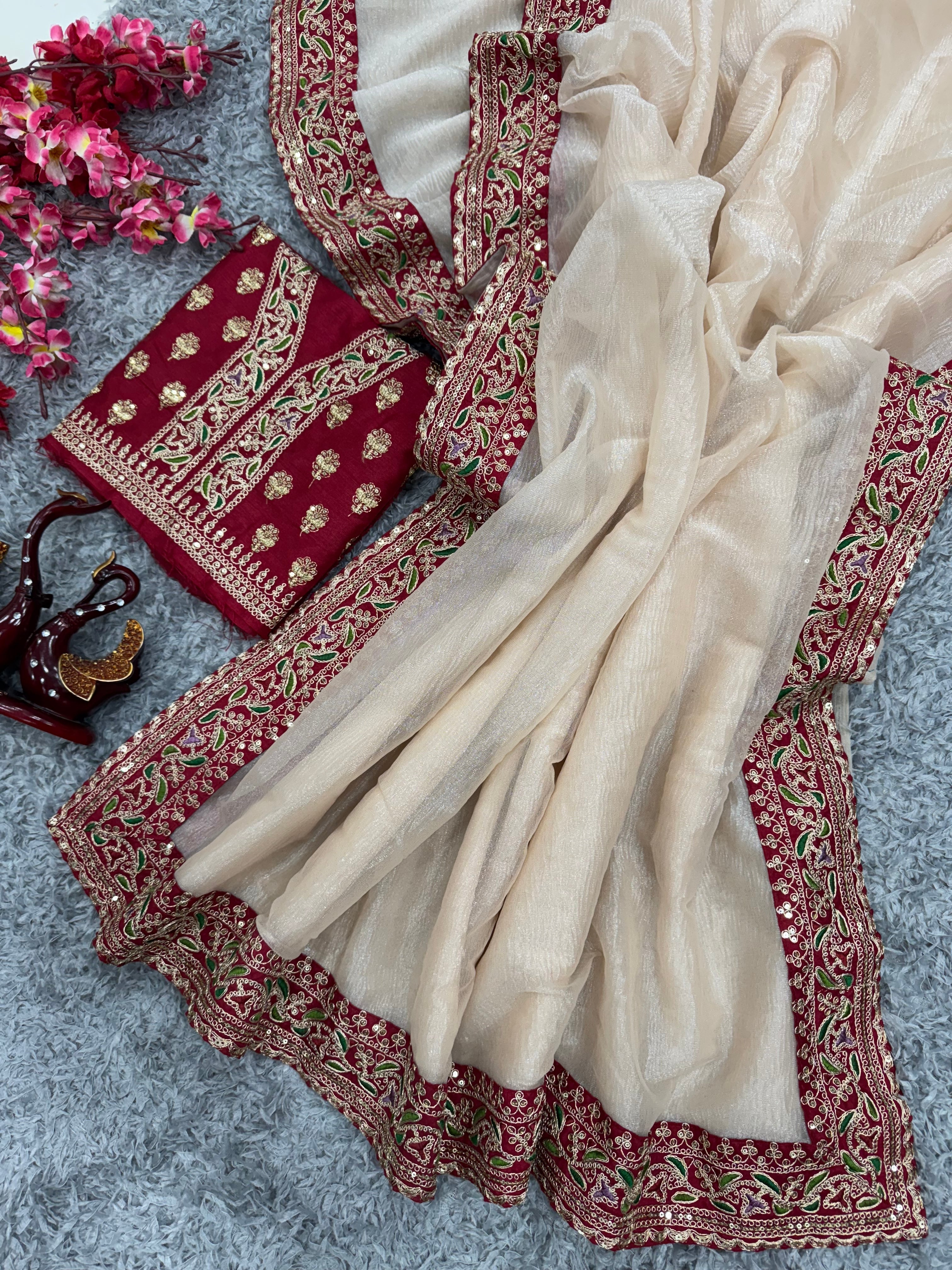 Designer Party Wear Saree With Embroidery Work Lace Border