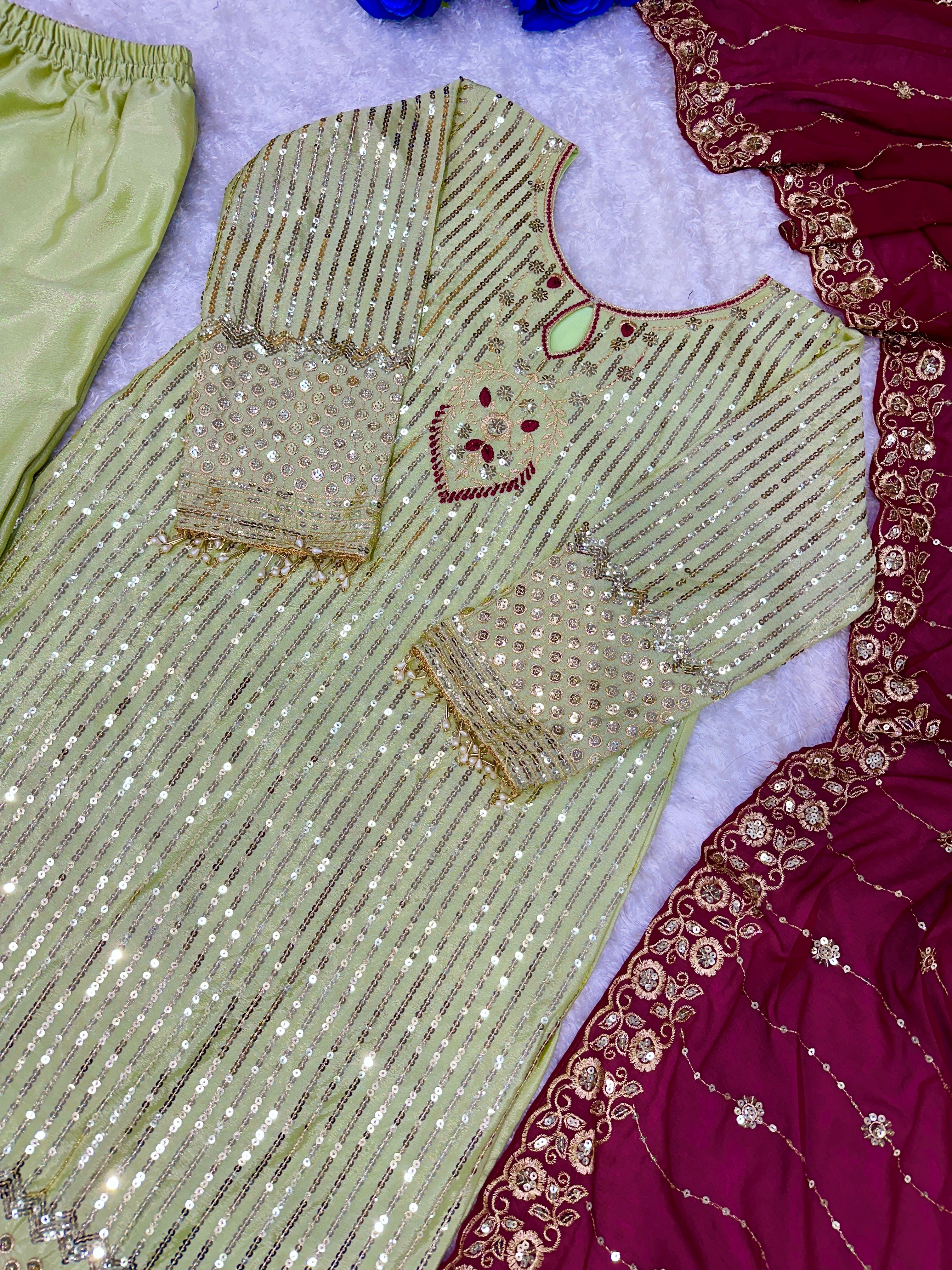 कढ़ाई के काम के साथ डिज़ाइनर पार्टी वियर टॉप बॉटम और दुपट्टा