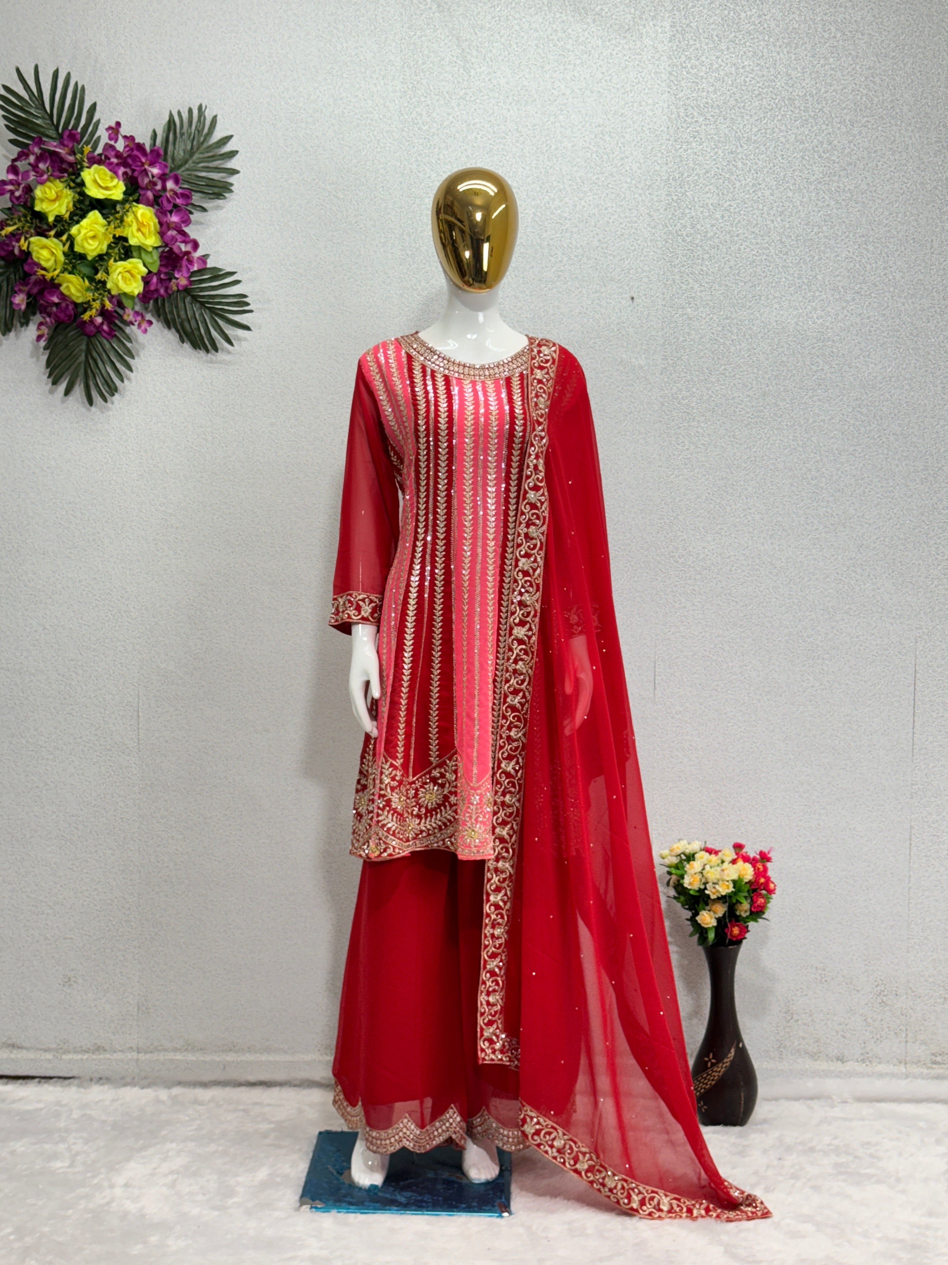 Designer Top Plazzo And Dupatta With Stone Hand Work