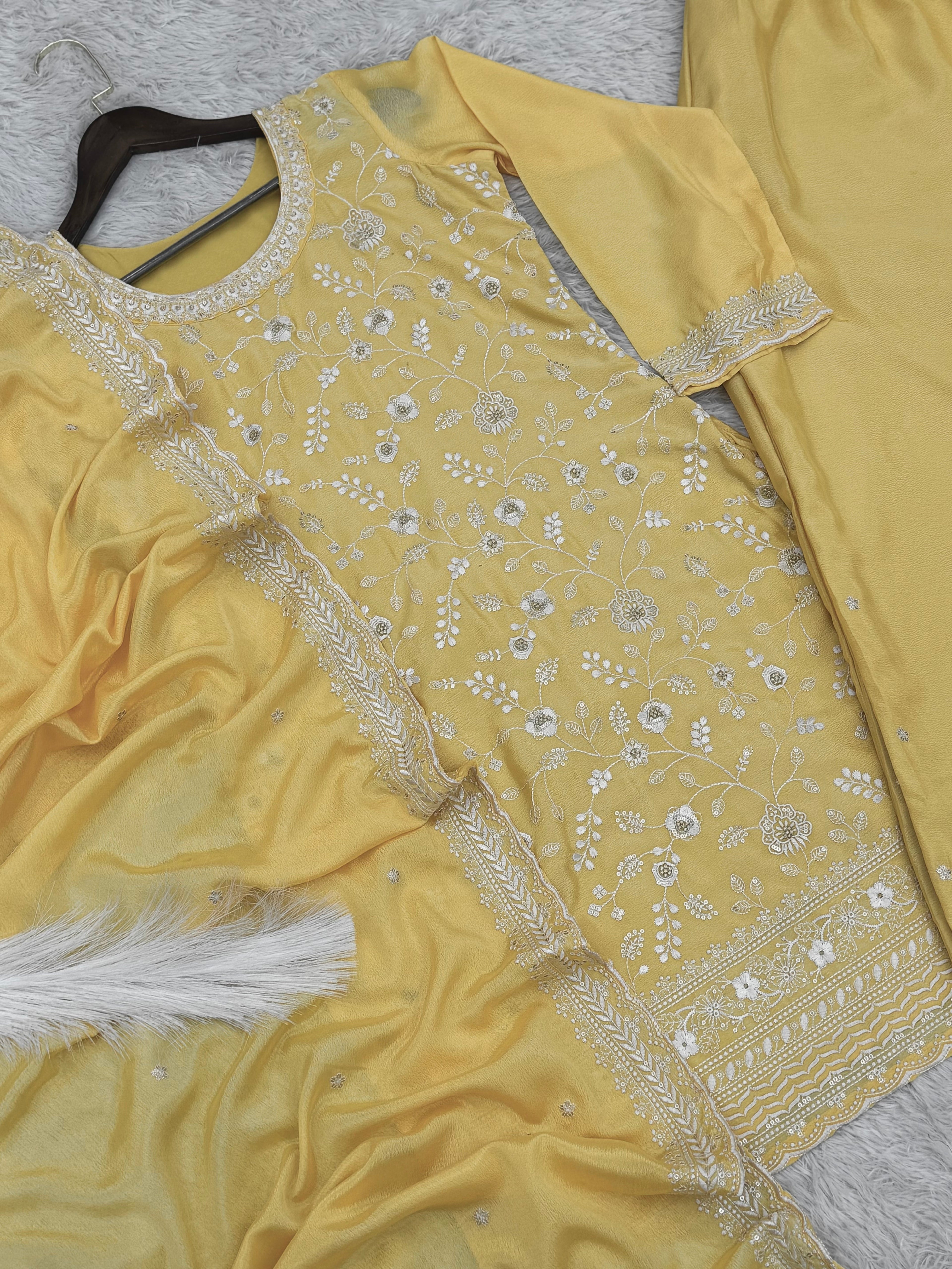 डिज़ाइनर टॉप - कढ़ाई और धागे के काम के साथ प्लाज़ो और दुपट्टा