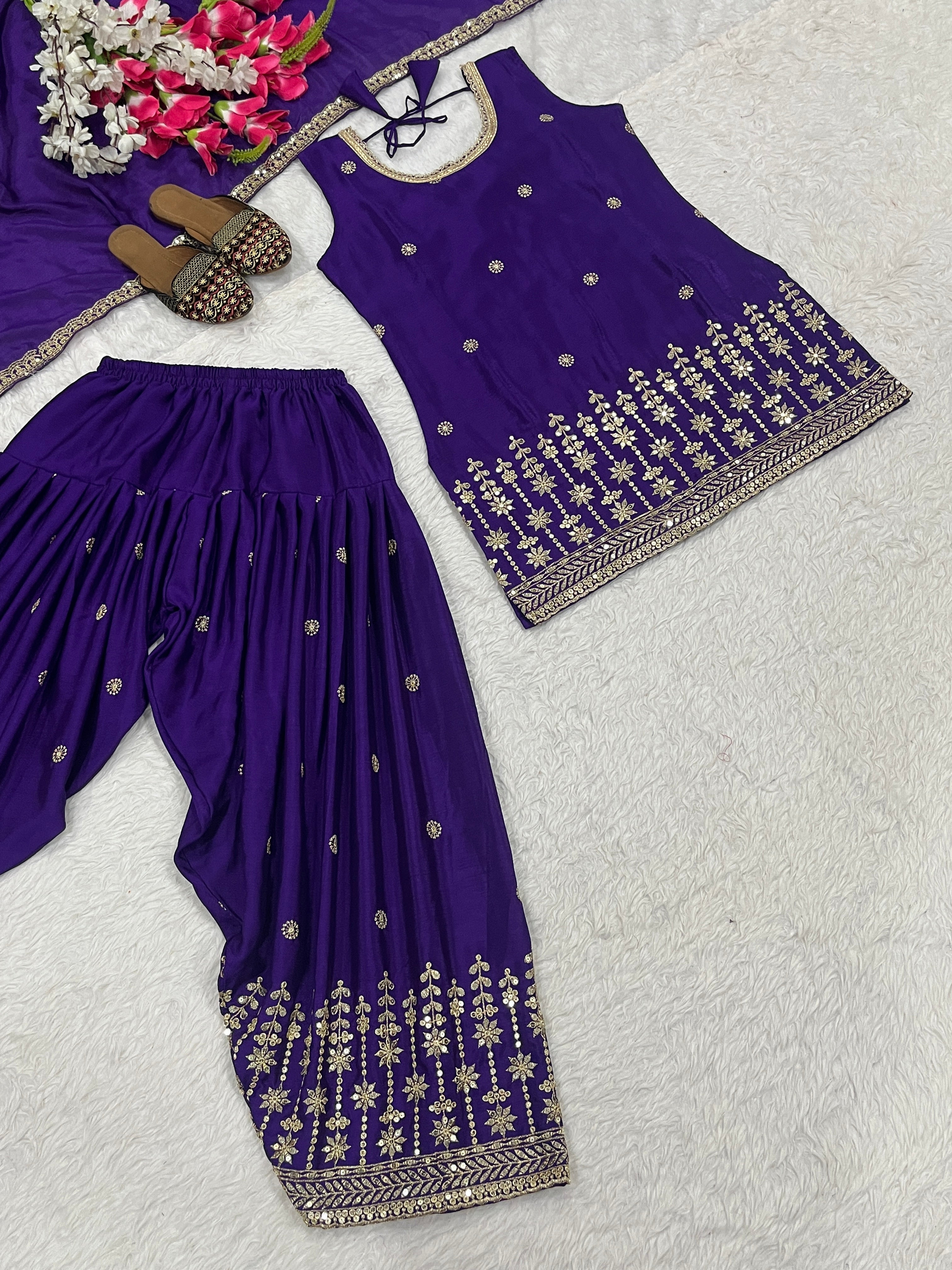 डिज़ाइनर पार्टी वियर लुक टॉप, धोती सलवार और दुपट्टा