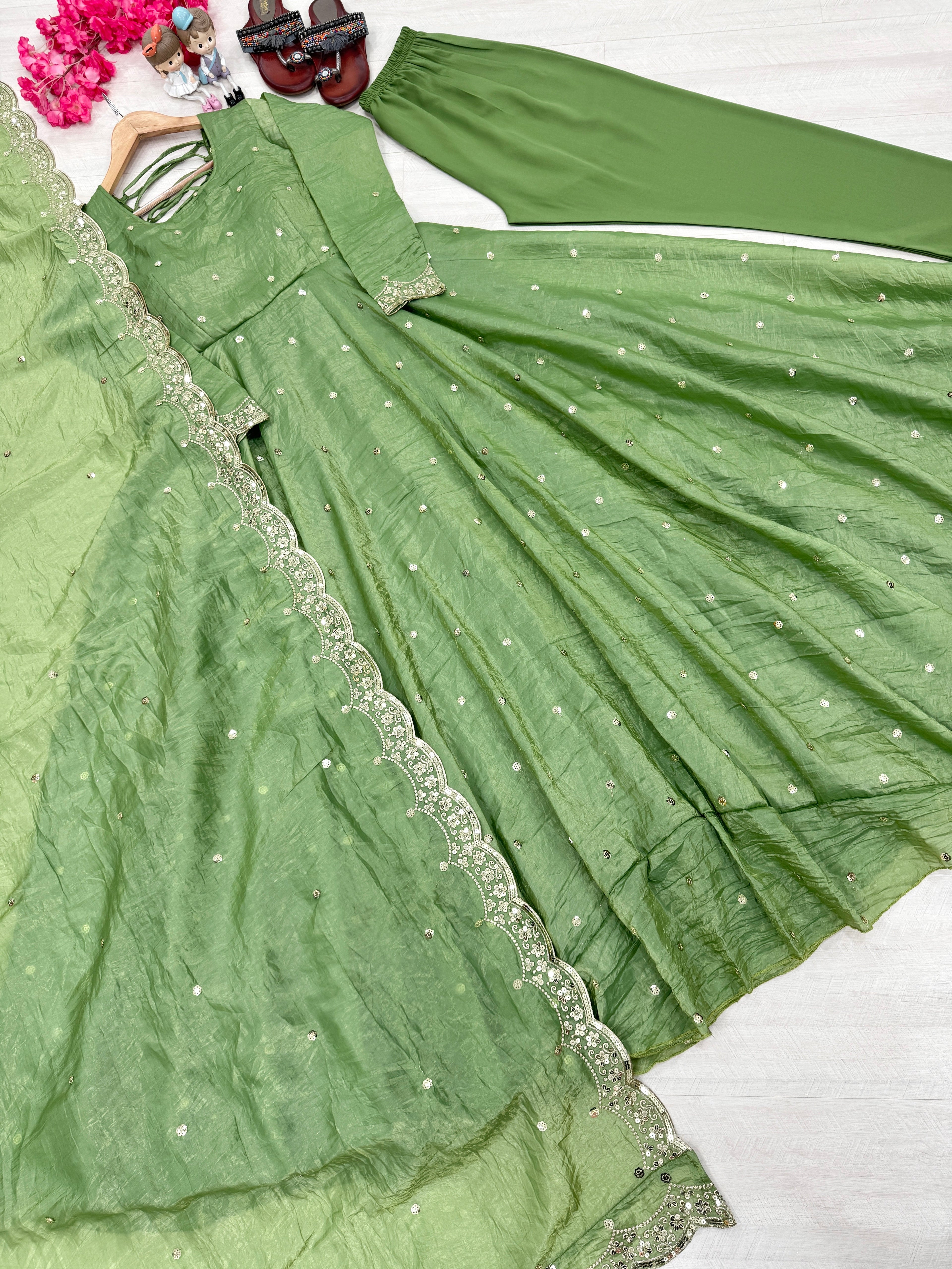 Designer Party Wear Look Fancy Umbrella Gown, Dupatta & Bottom