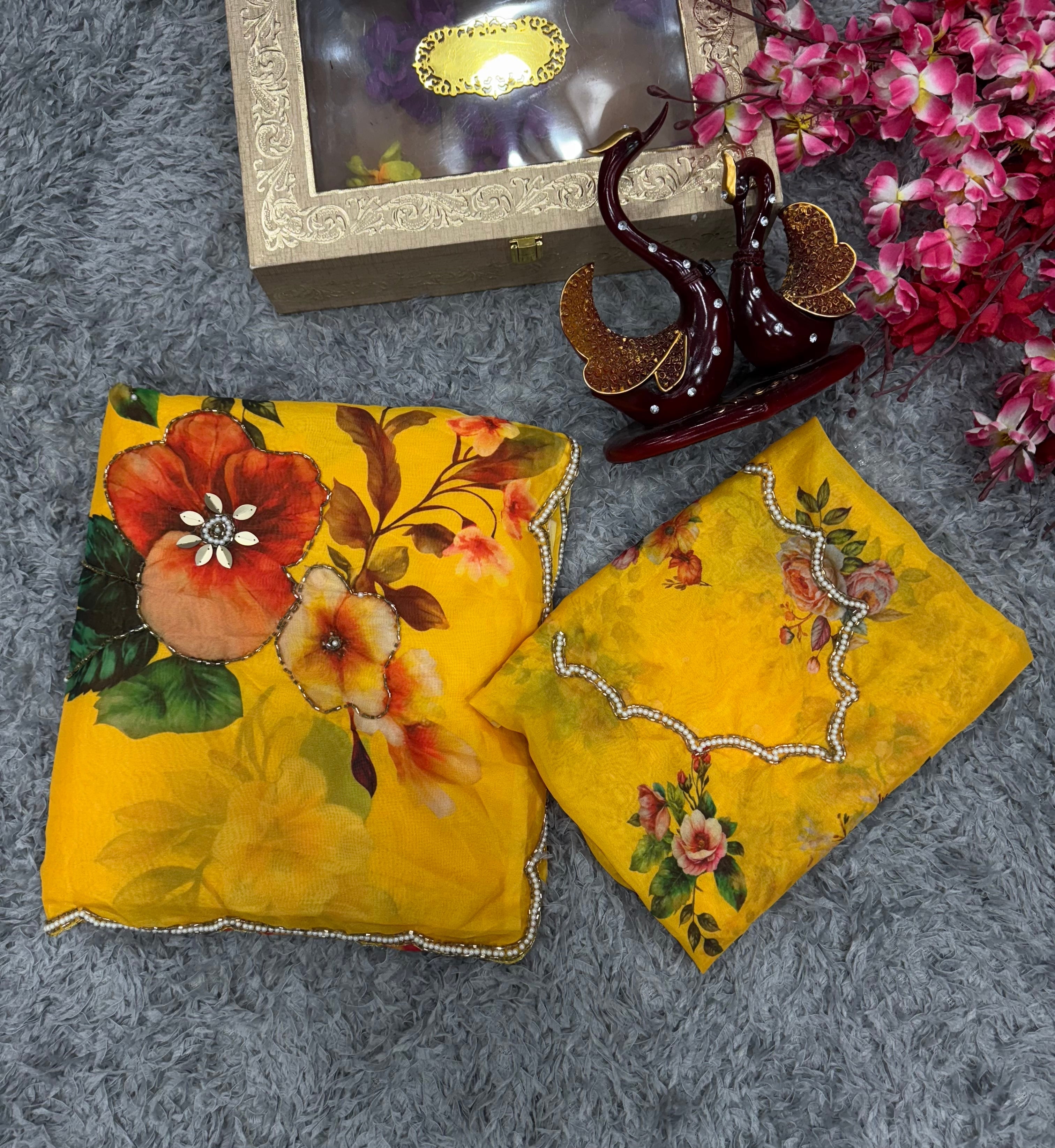 Beautiful Saree With Floral Print With Beads And Katdana Handwork In Border