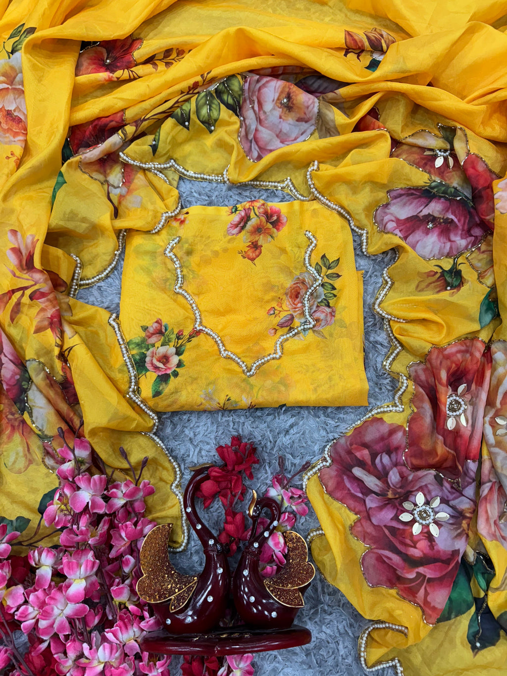 Beautiful Saree With Floral Print With Beads And Katdana Handwork In Border