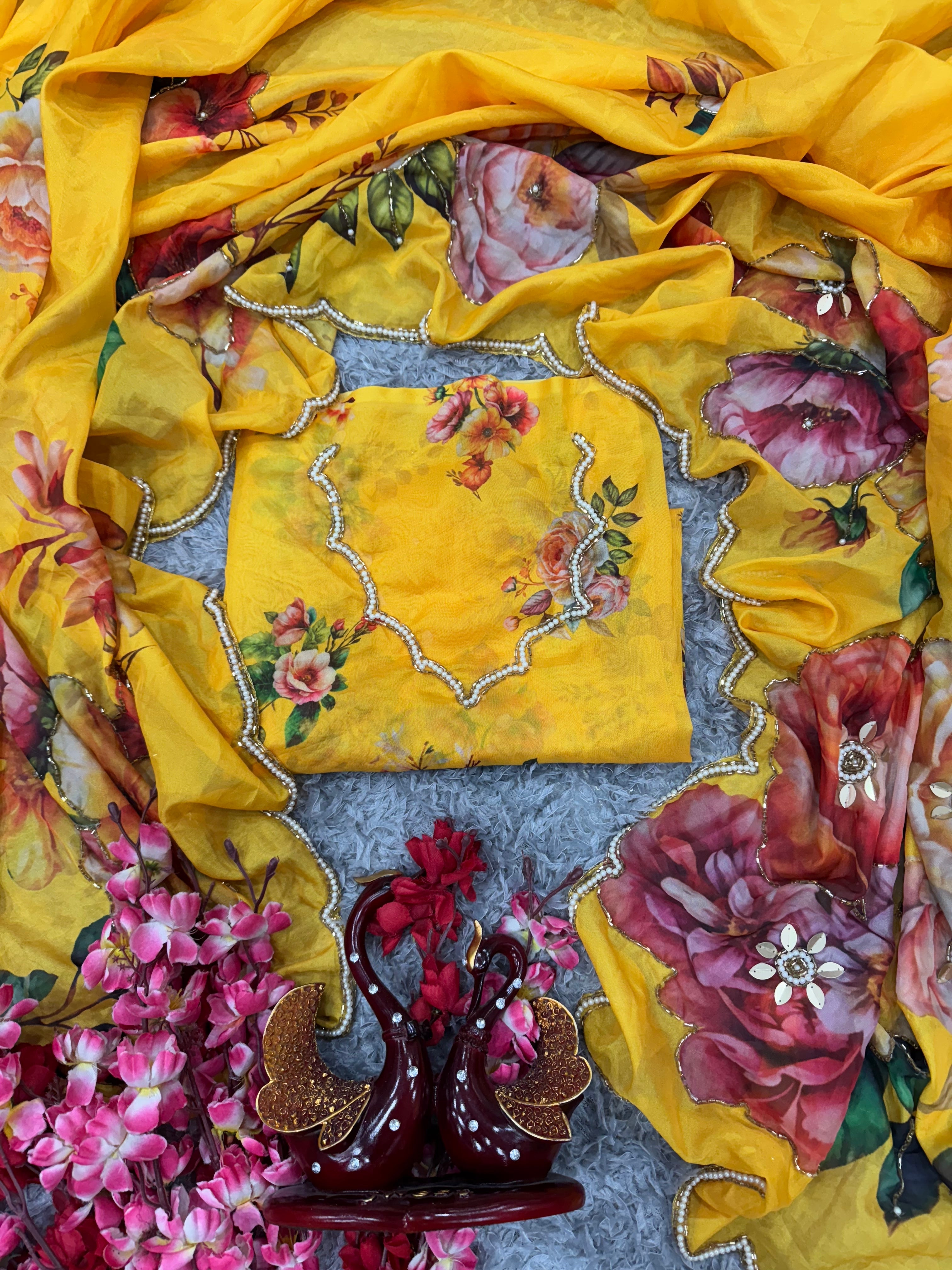 Beautiful Saree With Floral Print With Beads And Katdana Handwork In Border