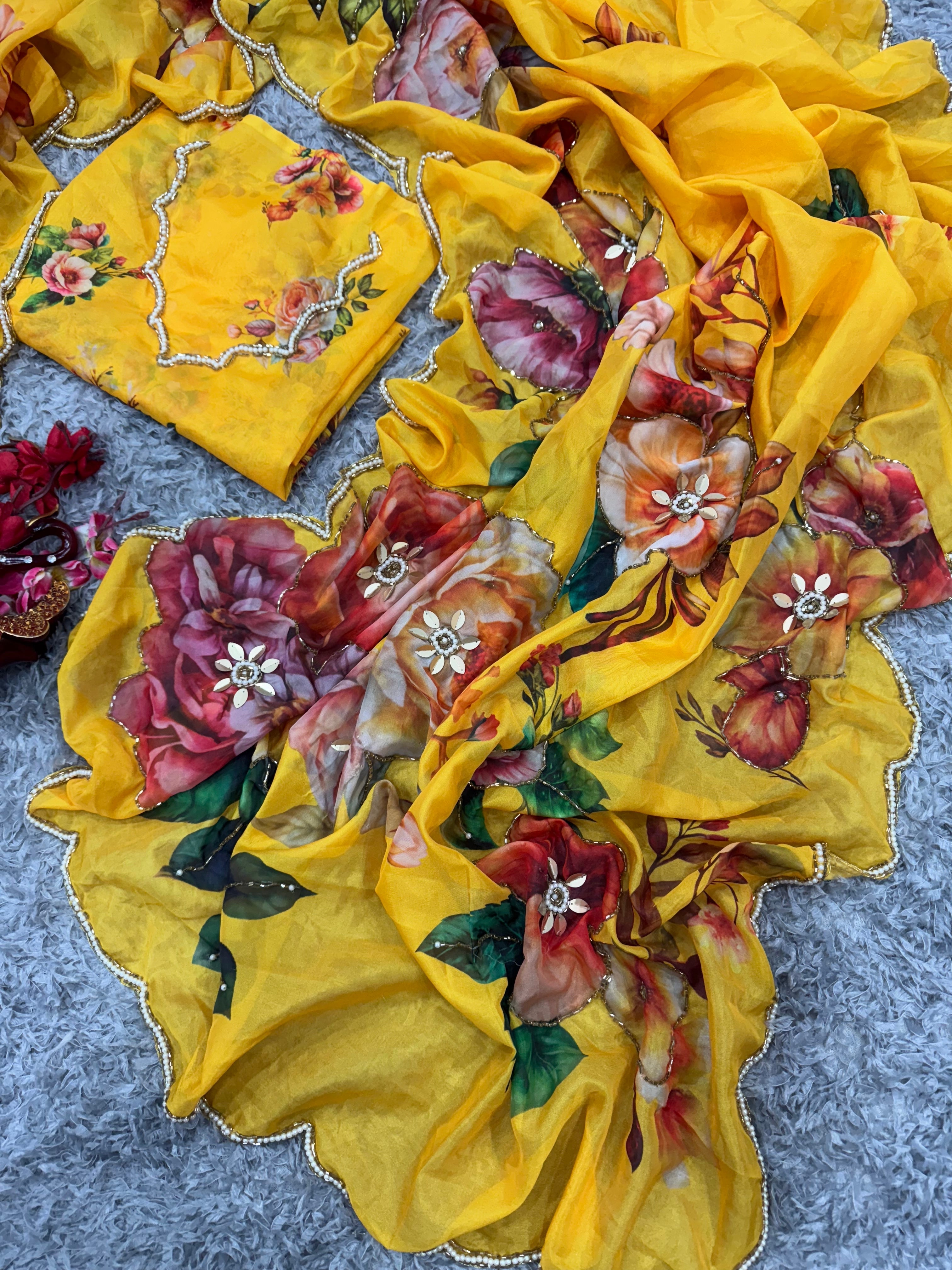 Beautiful Saree With Floral Print With Beads And Katdana Handwork In Border