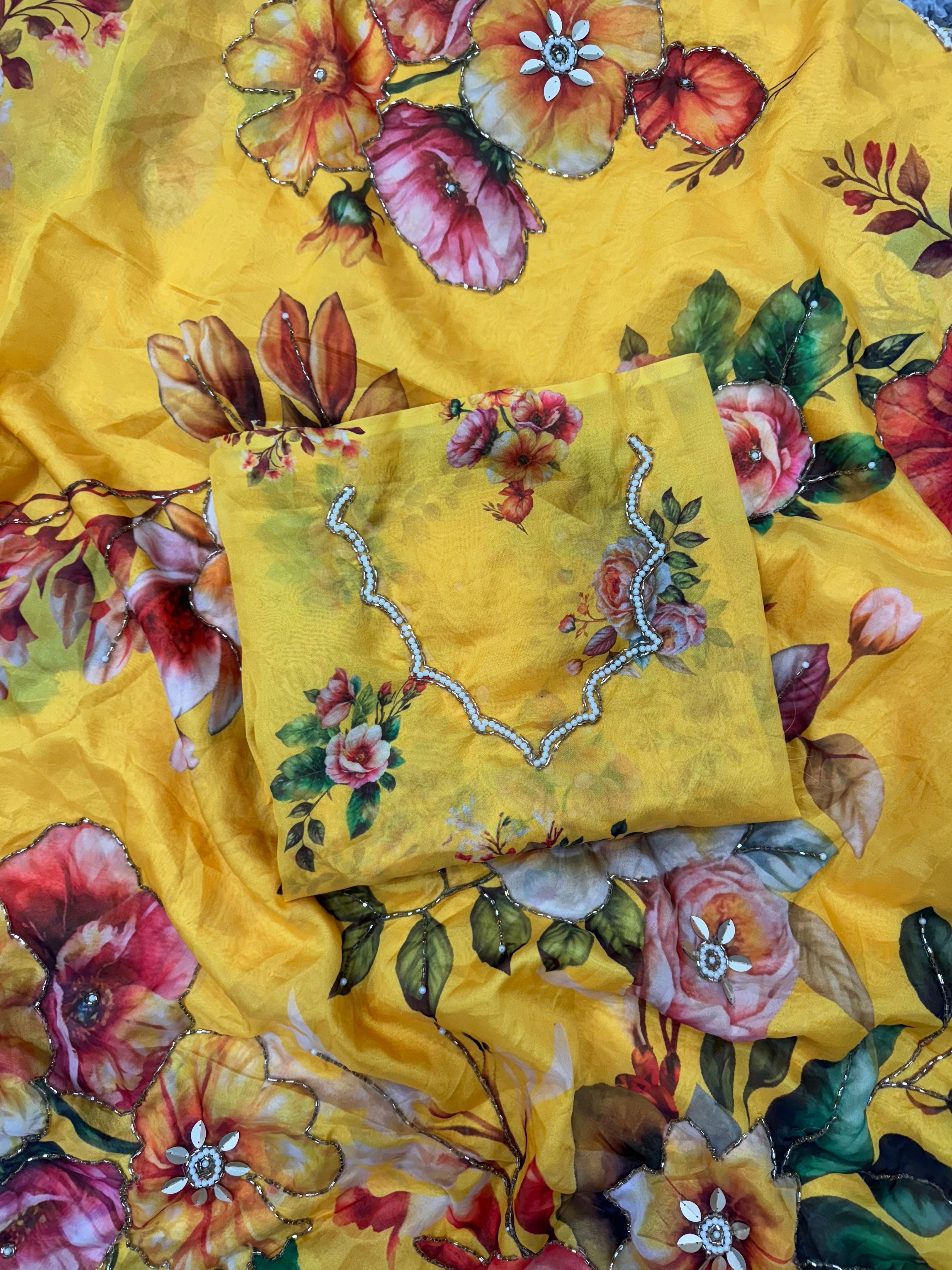 Beautiful Saree With Floral Print With Beads And Katdana Handwork In Border