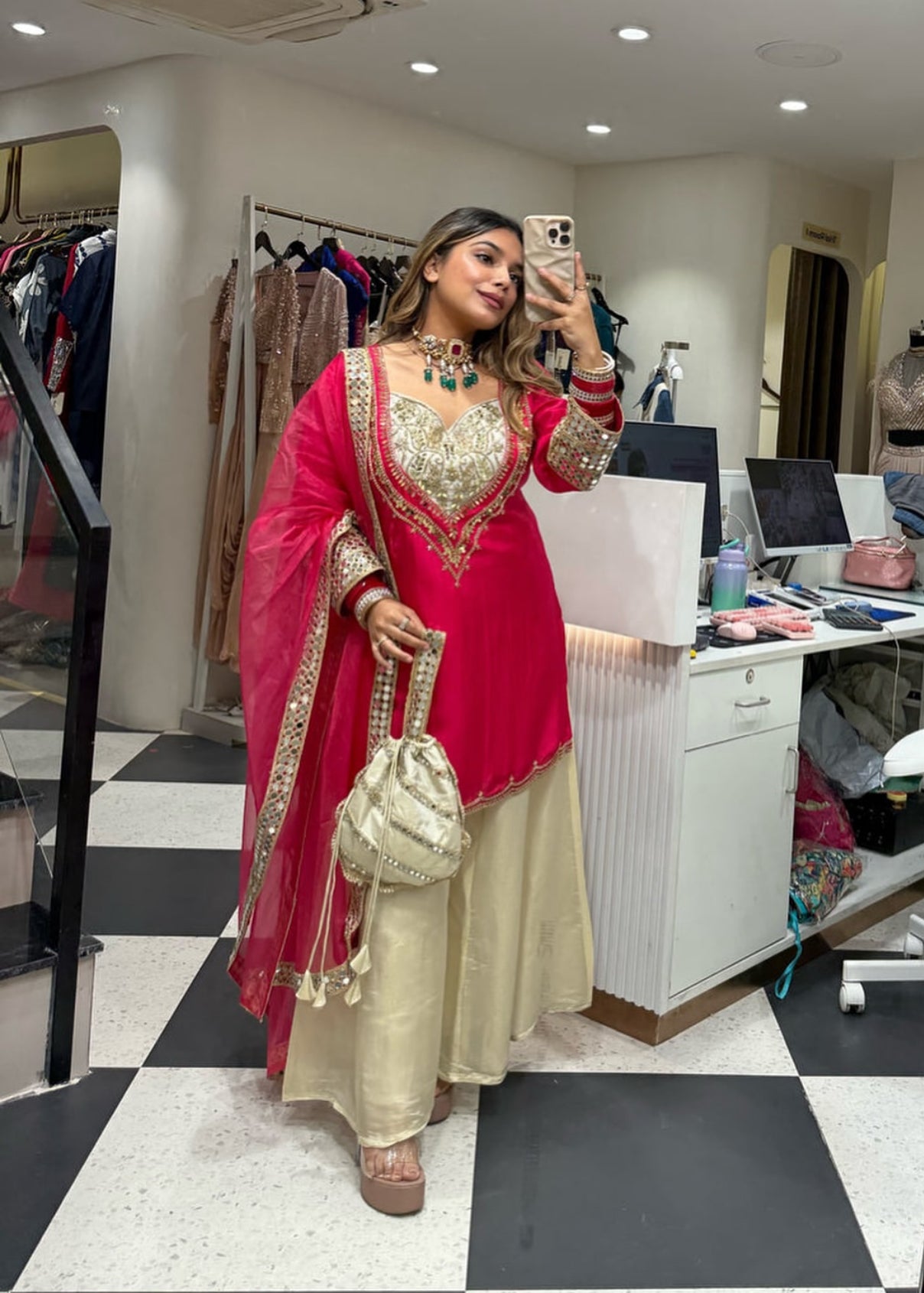 Beautiful Suit Set With Embroidery With Original Hand Mirror Work