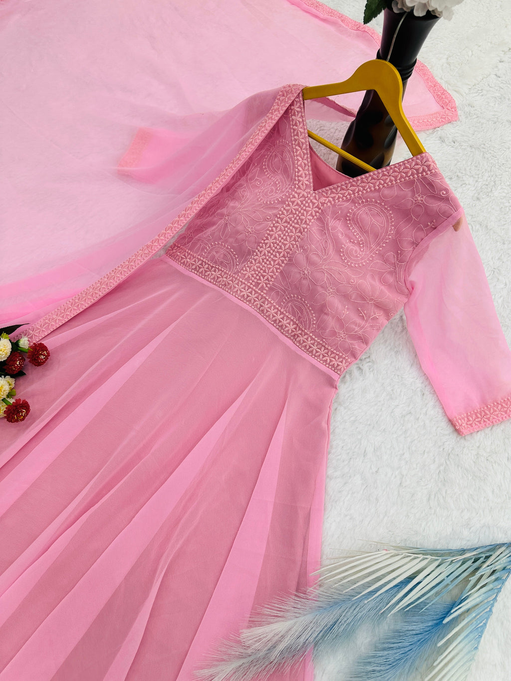 Designer Party Wear Look Anarkali Gown With Embroidery Chikankari Work