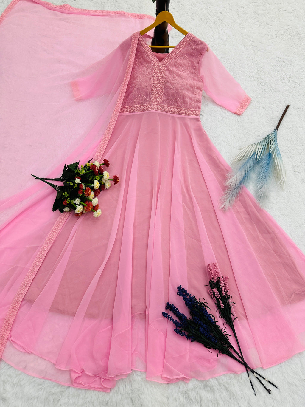 Designer Party Wear Look Anarkali Gown With Embroidery Chikankari Work