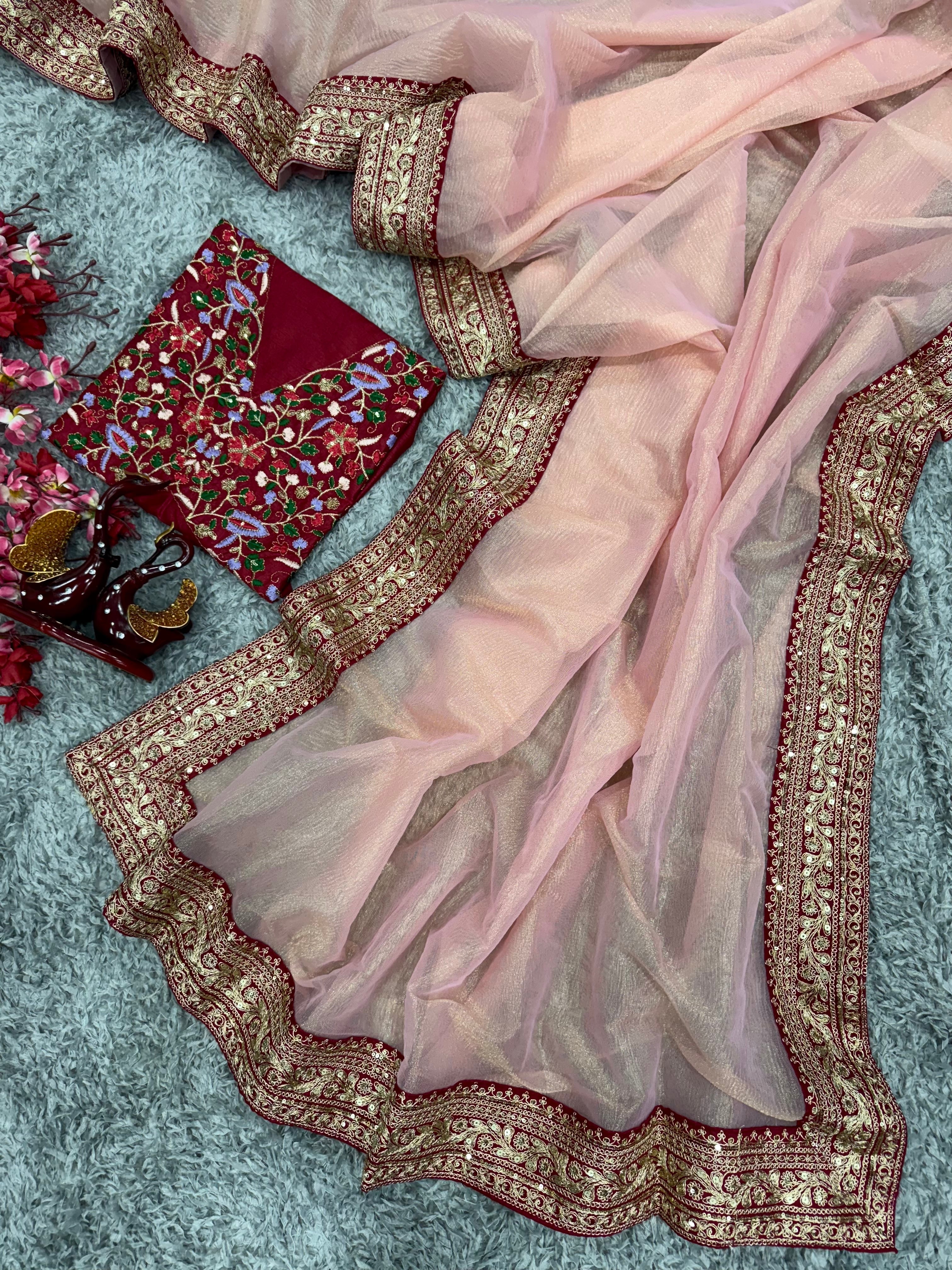 Designer Saree With Beautiful Sequins And Cording Embroidery Work Lace Border