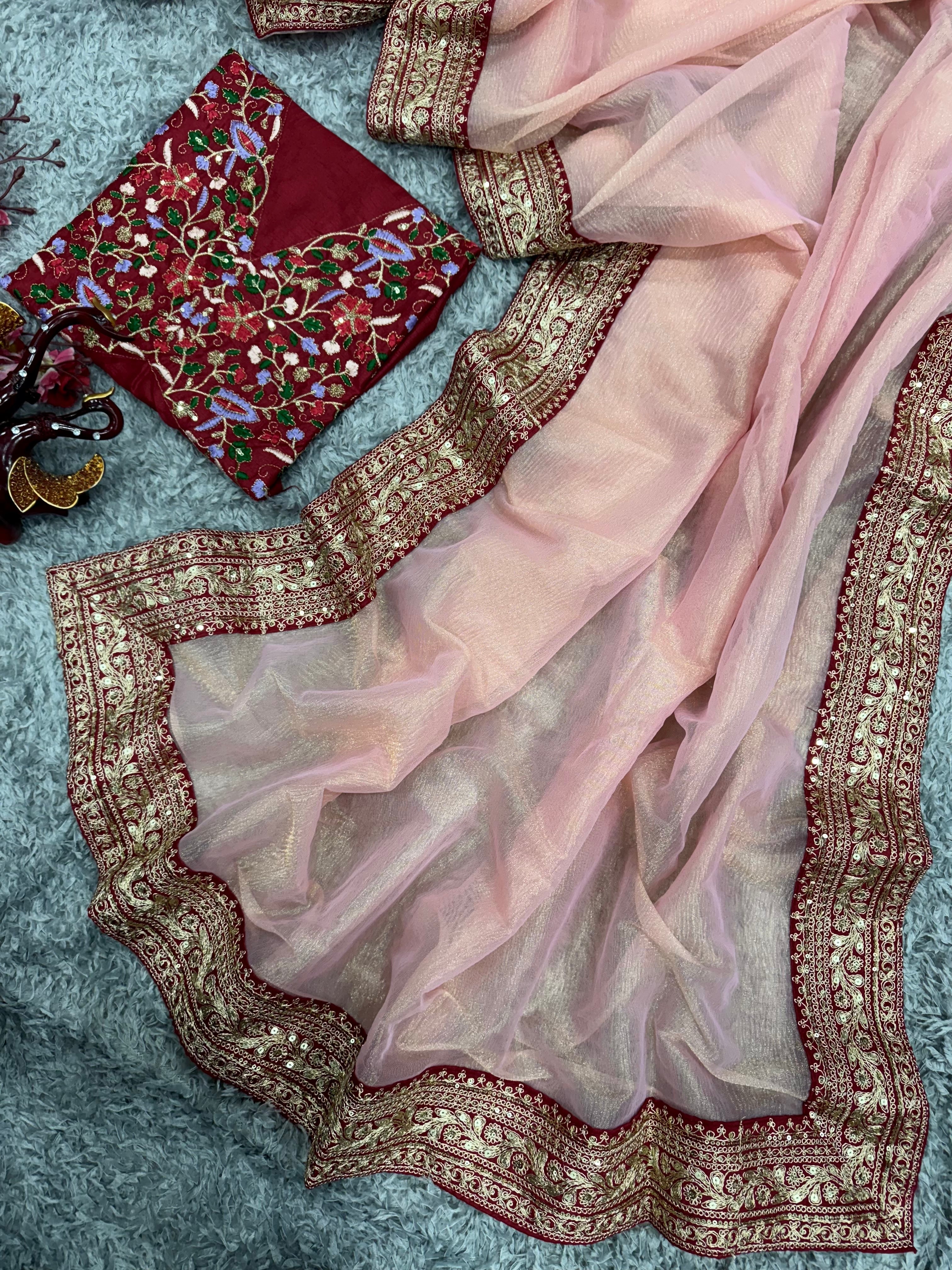 Designer Saree With Beautiful Sequins And Cording Embroidery Work Lace Border