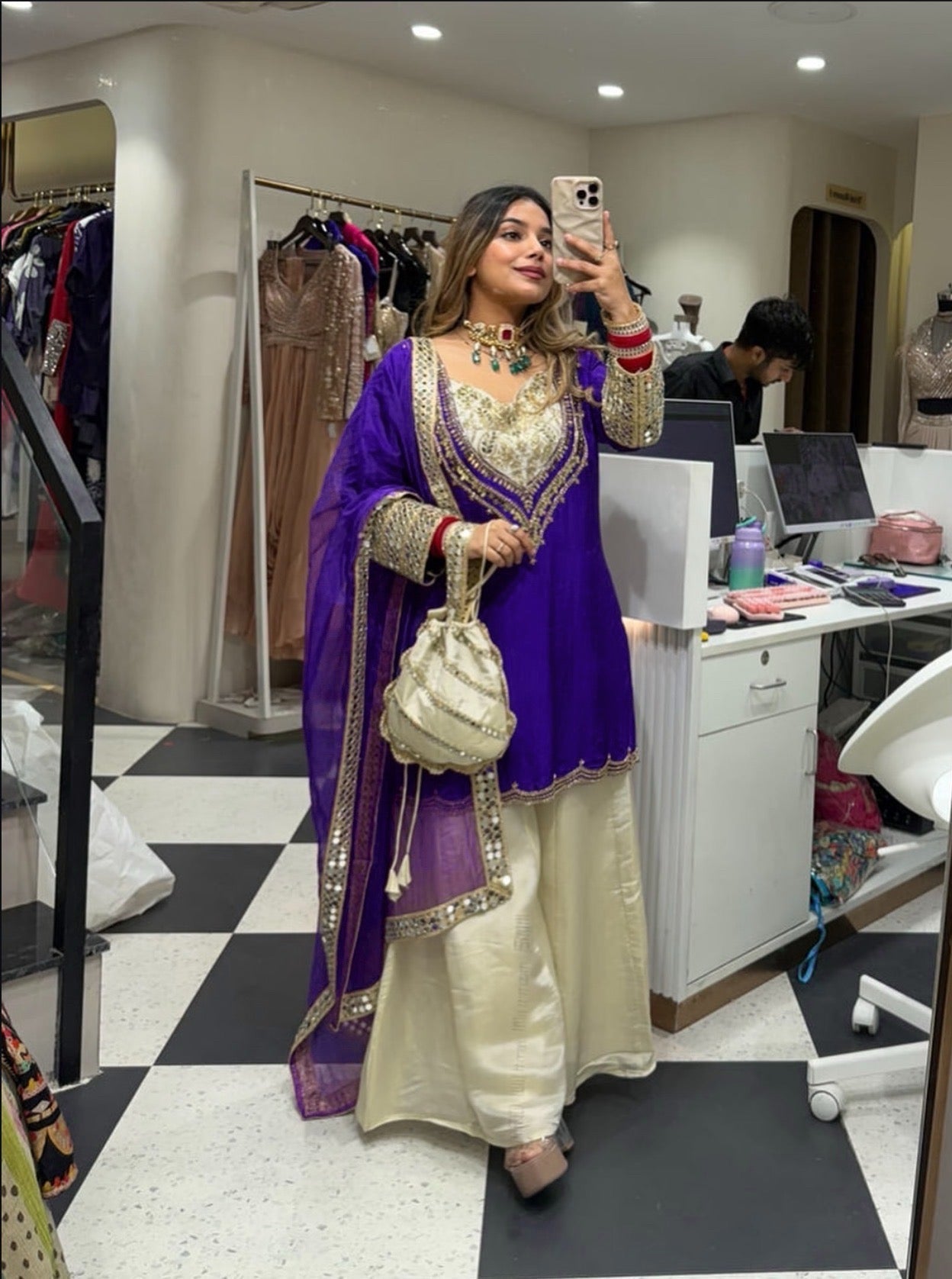 Beautiful Suit Set With Embroidery With Original Hand Mirror Work