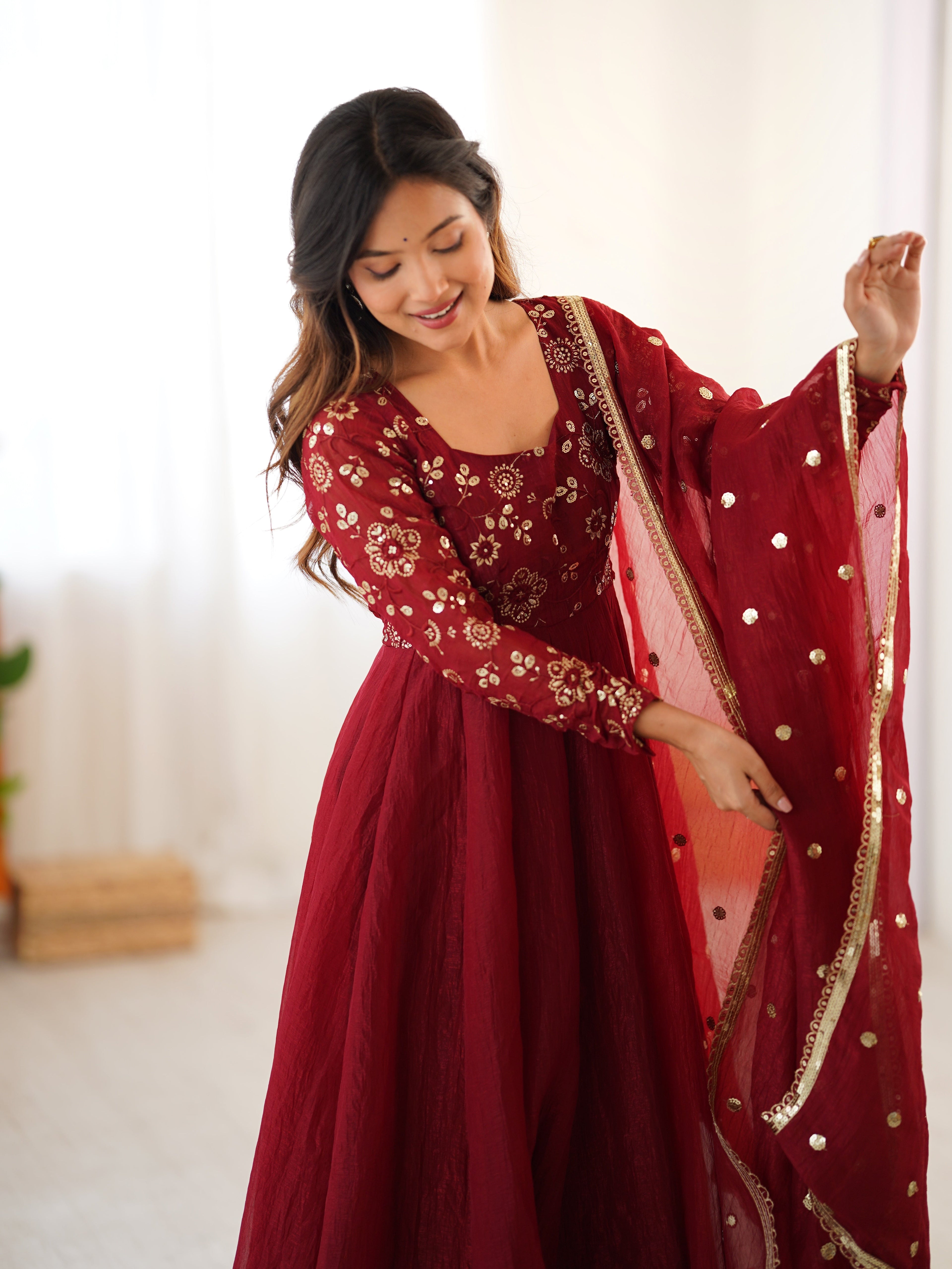 Designer Party Wear Gown And Bottom With Dupatta With Lace Border