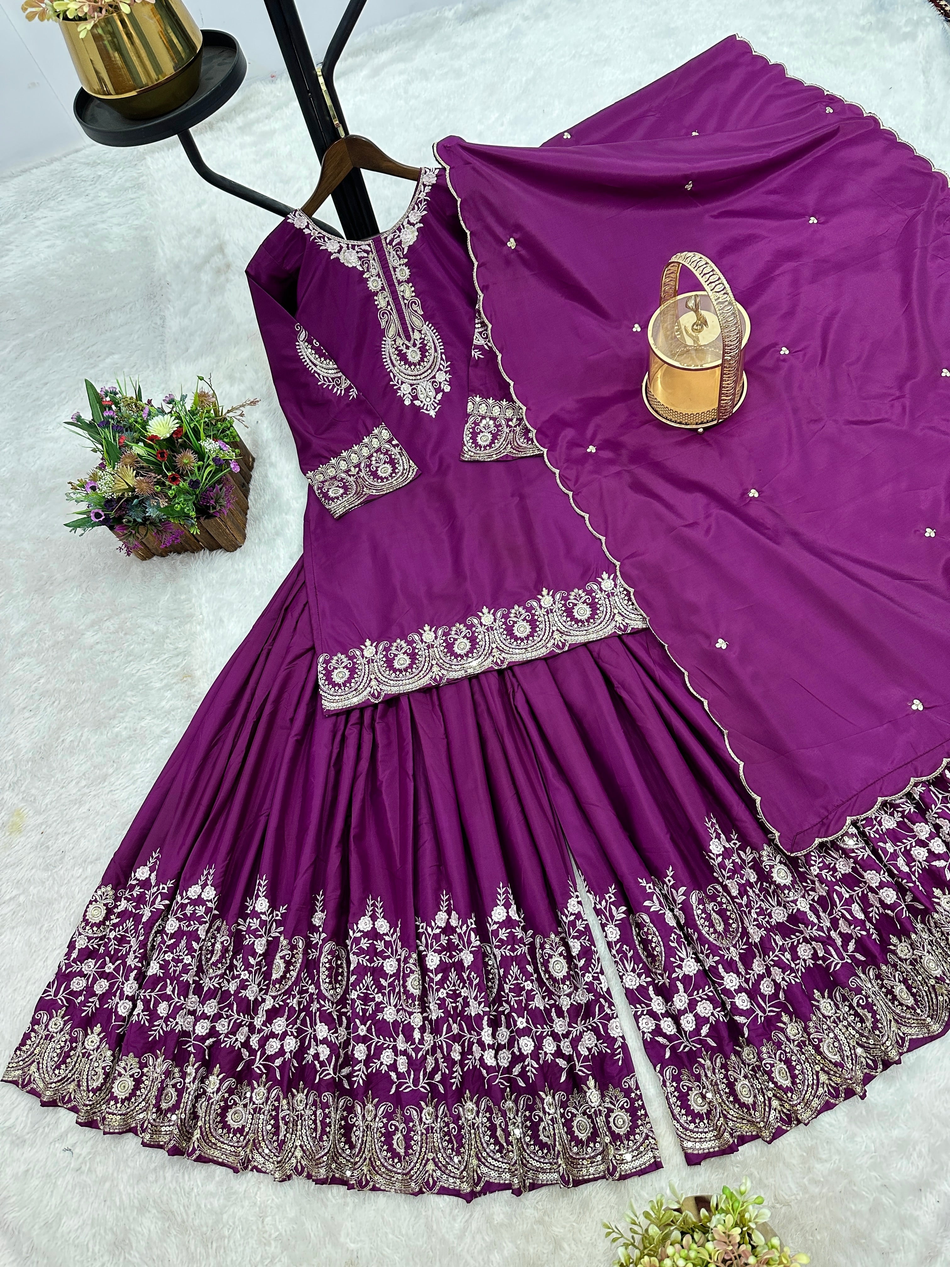 डिज़ाइनर पार्टी वियर फैंसी टॉप-प्लाज़ो और दुपट्टा