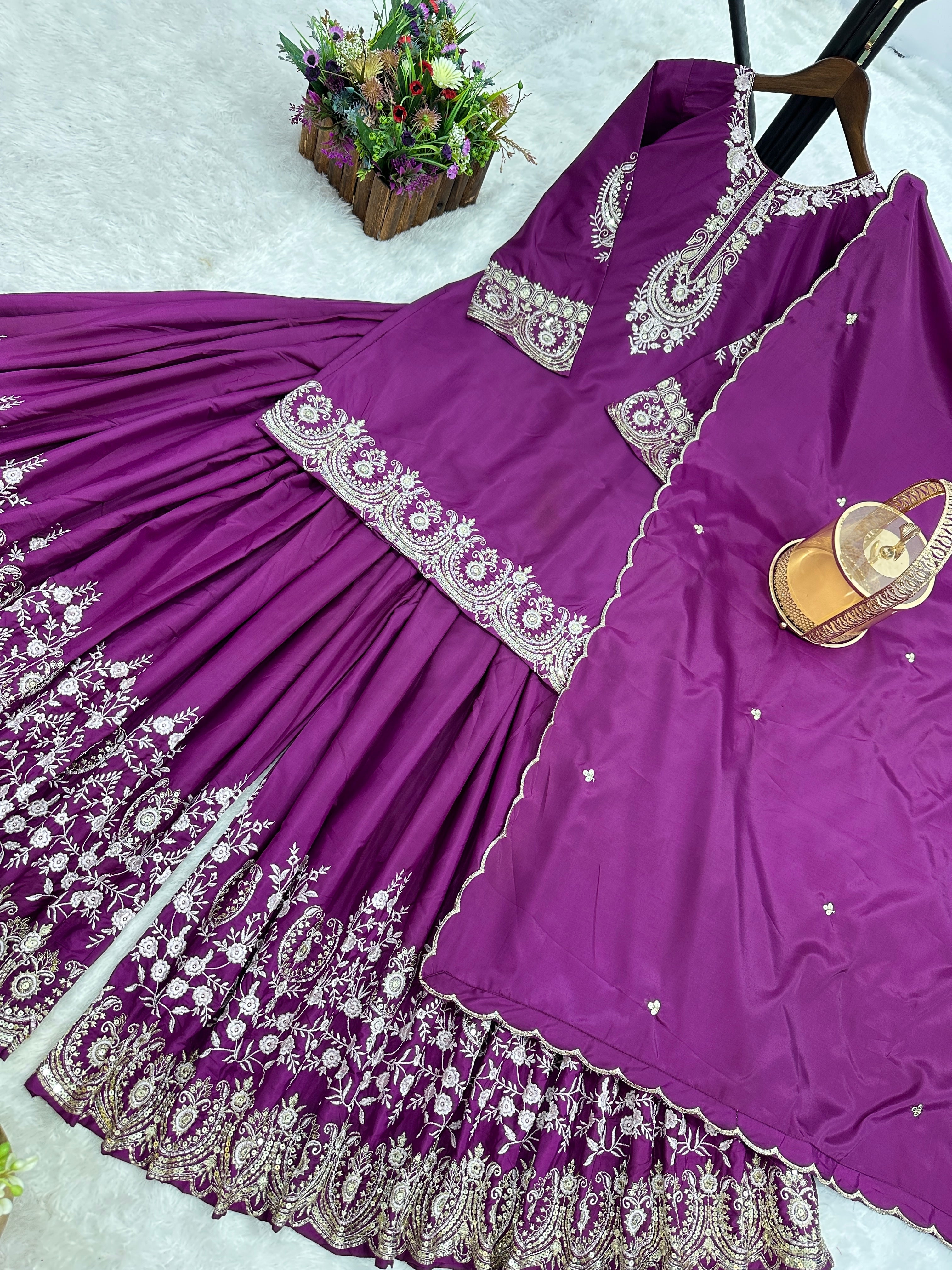 डिज़ाइनर पार्टी वियर फैंसी टॉप-प्लाज़ो और दुपट्टा