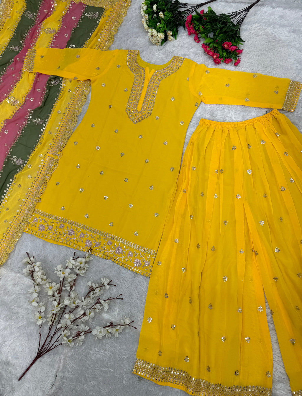 डिज़ाइनर पार्टी वियर टॉप और प्लाज़ो दुपट्टे के साथ सीक्वेंस वर्क के साथ