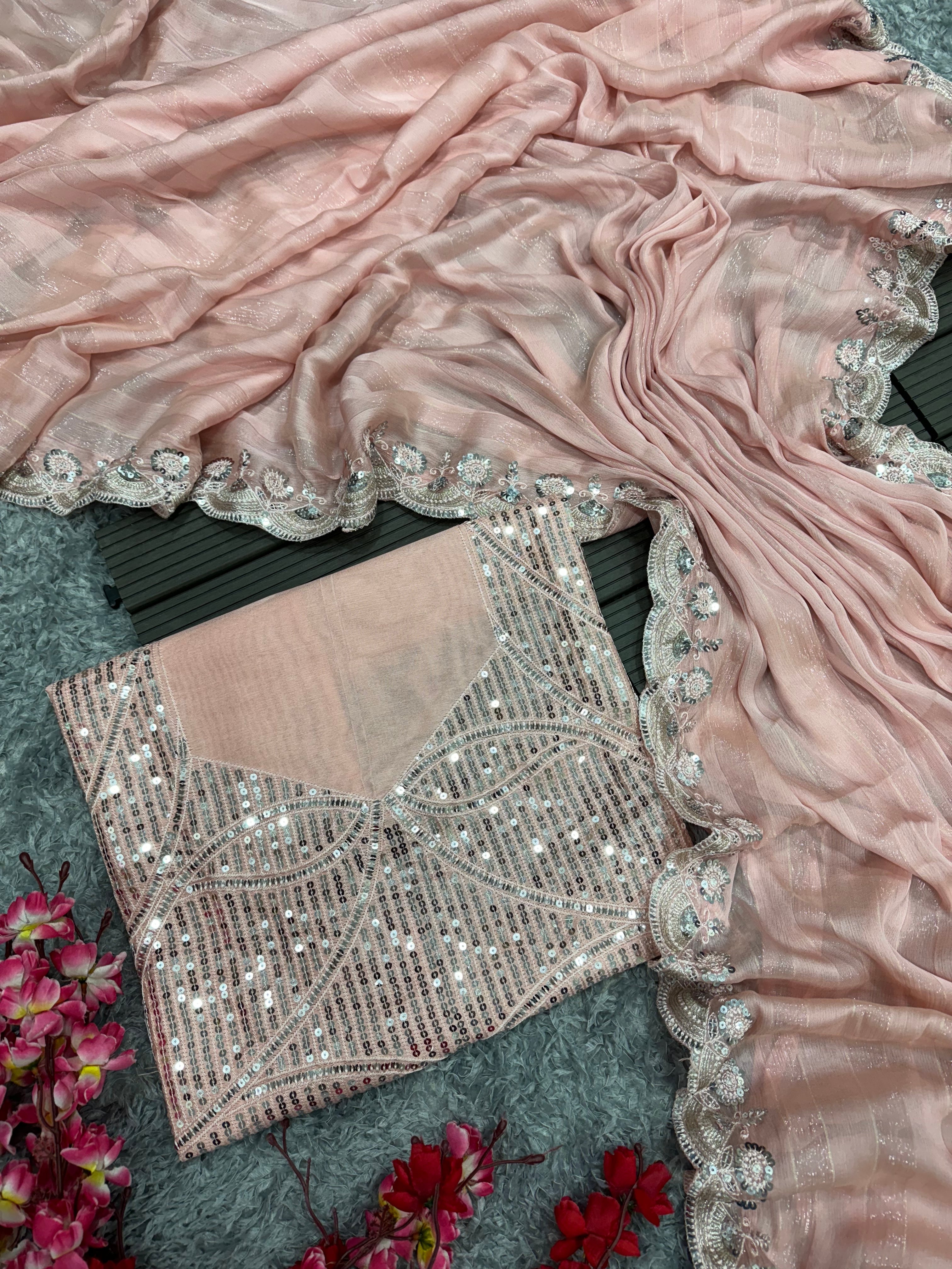 Designer Party Wear Saree With Sequence And Embroidery Work