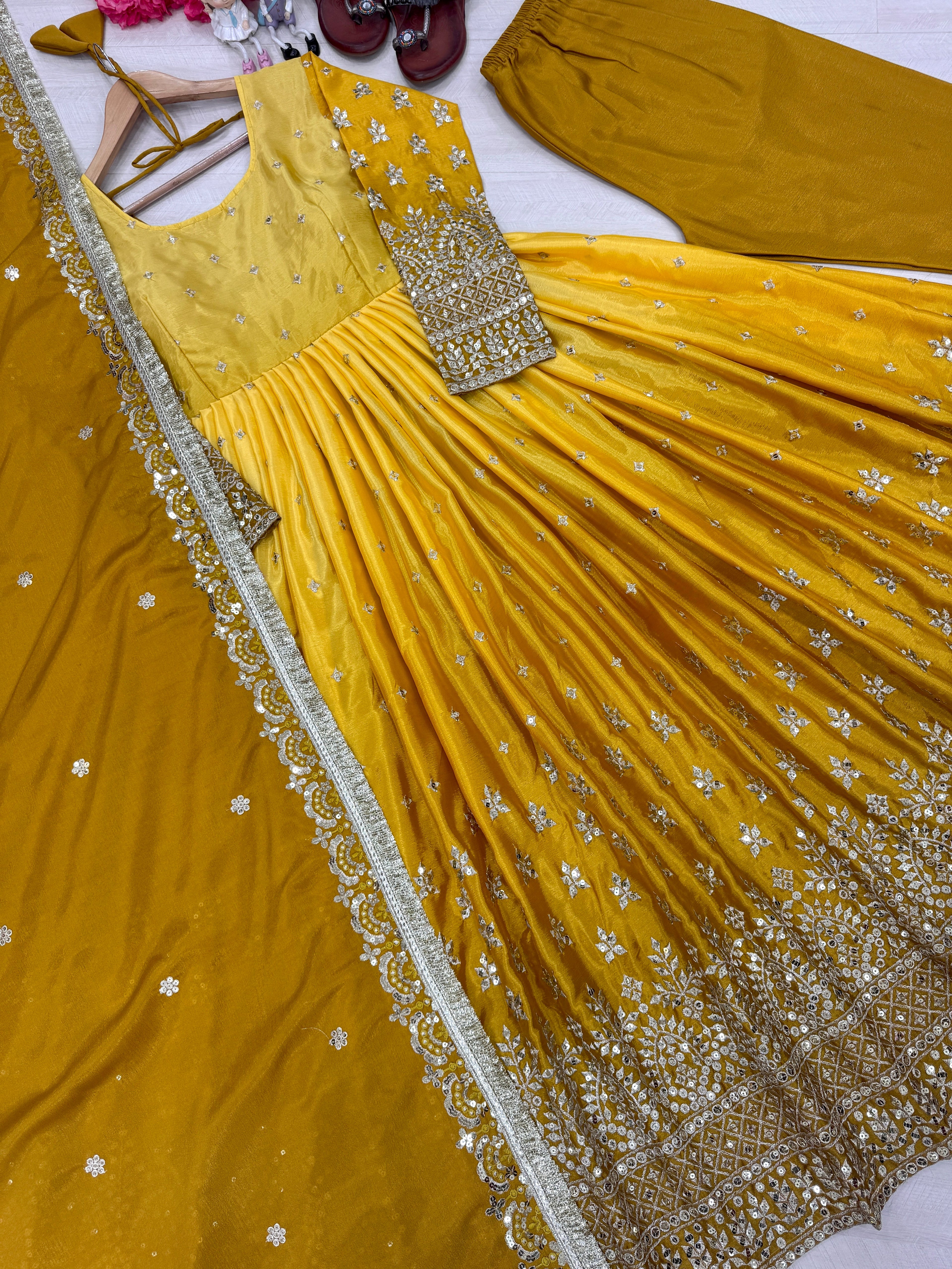 Beautiful Party Wear Look Anarkali Gown, Dupatta & Bottom Set