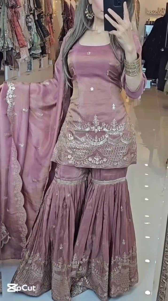 Designer Party Wear Look Top-Plazzo And Dupatta With Heavy Embroidery Work