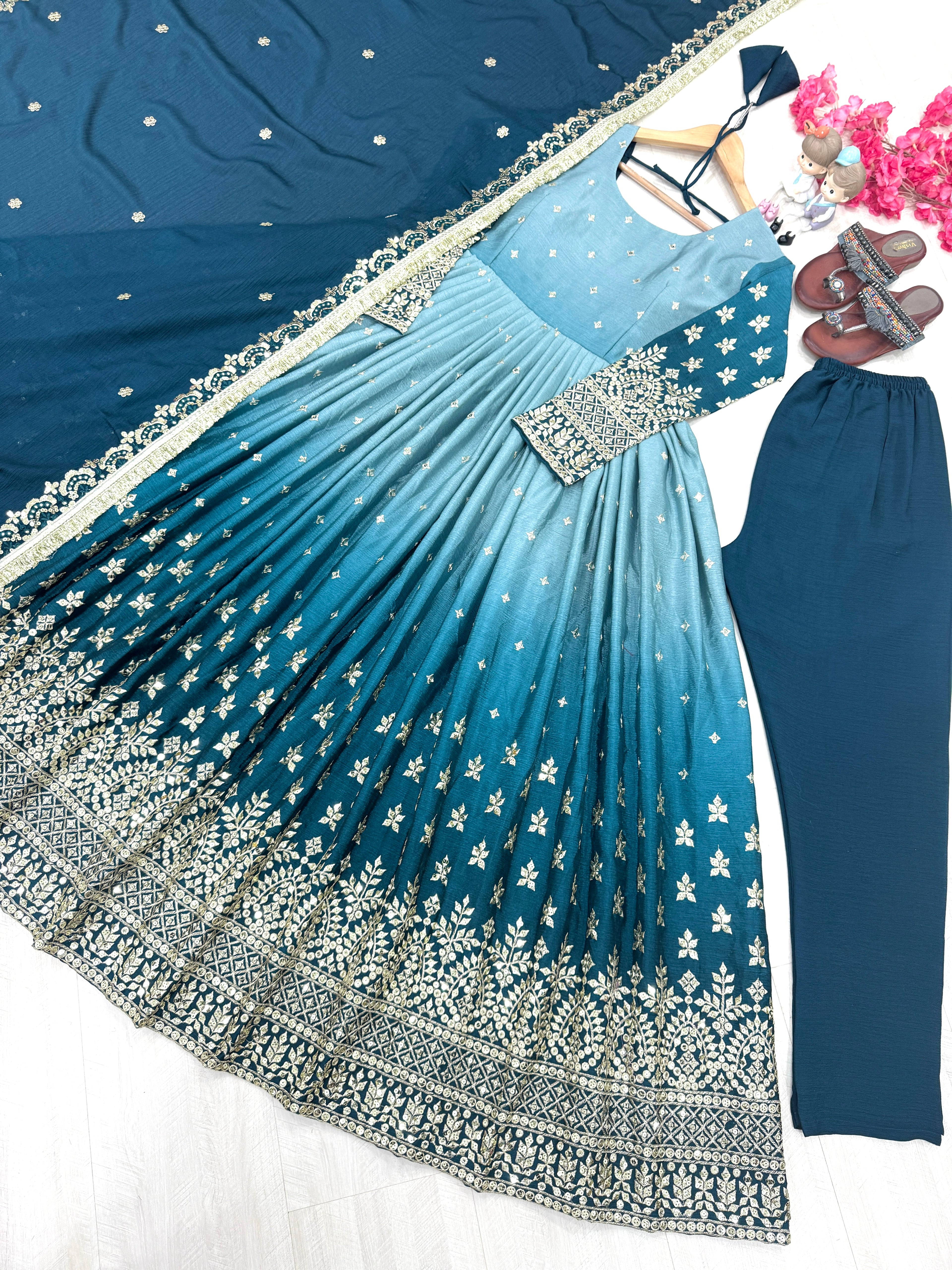 Party Wear Look  Anarkali Gown, Dupatta & Fancy Bottom