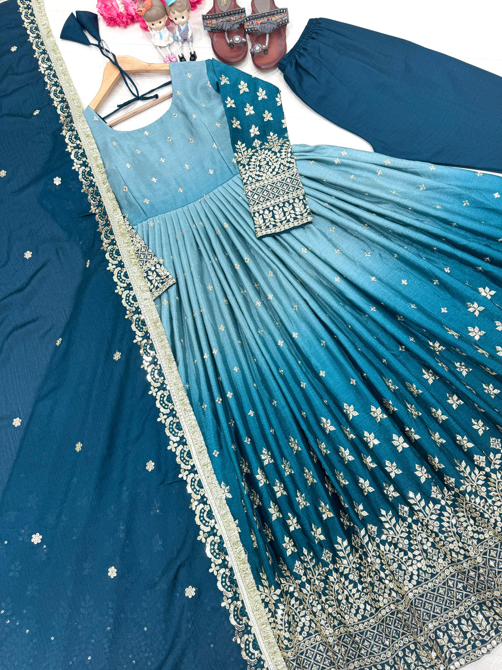 Party Wear Look  Anarkali Gown, Dupatta & Fancy Bottom