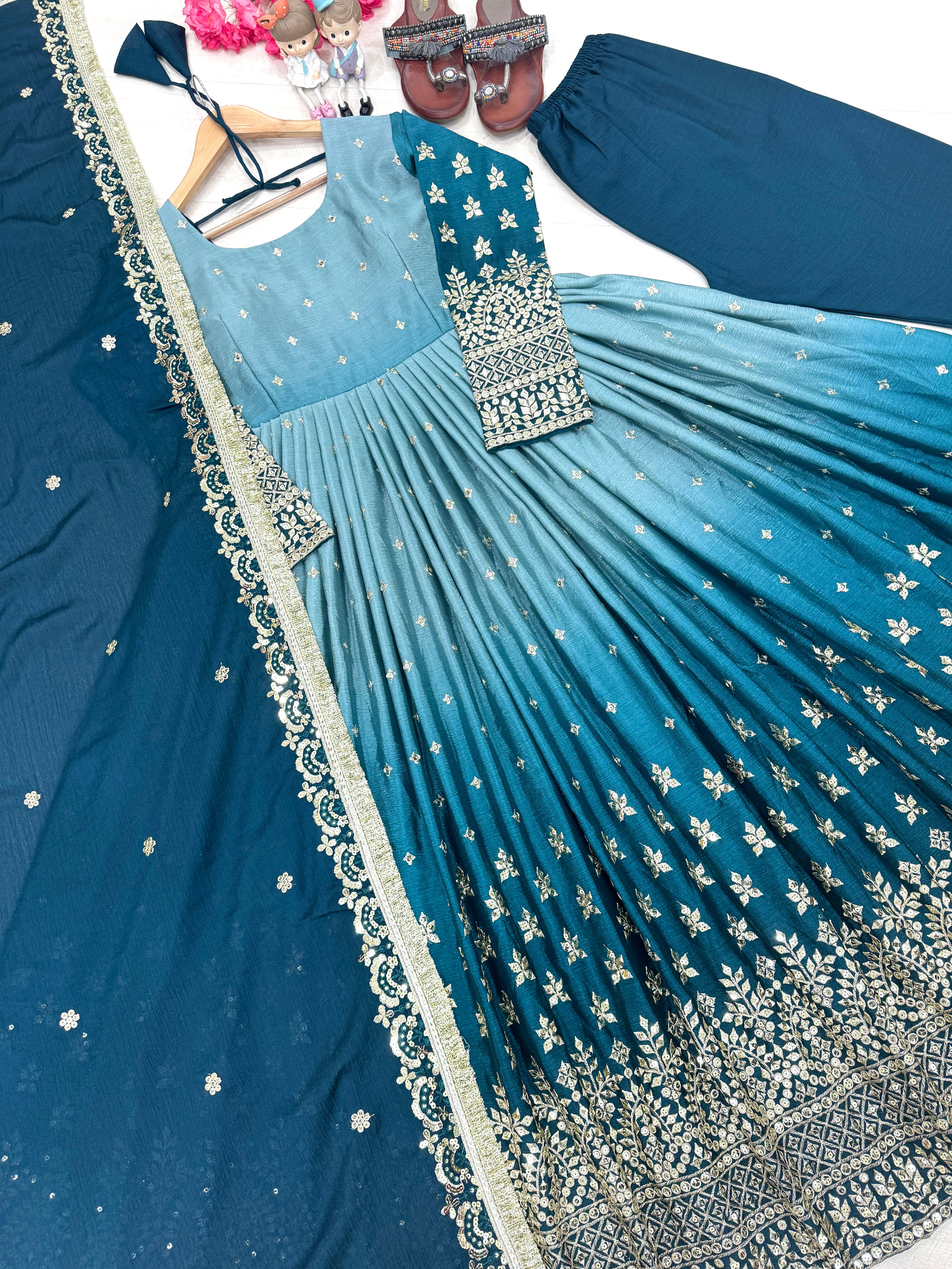 Party Wear Look  Anarkali Gown, Dupatta & Fancy Bottom
